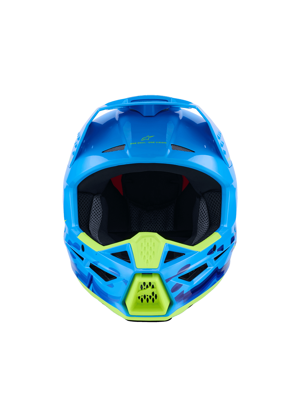 Alpinestars S-M3 Force OCD Helmet, kask motocrossowy, błękitny błyszczący z neonowożółtymi akcentami, widok z przodu, niebieska i fioletowa grafika camo, agresywne otwory wentylacyjne, smukła aerodynamiczna konstrukcja skorupy