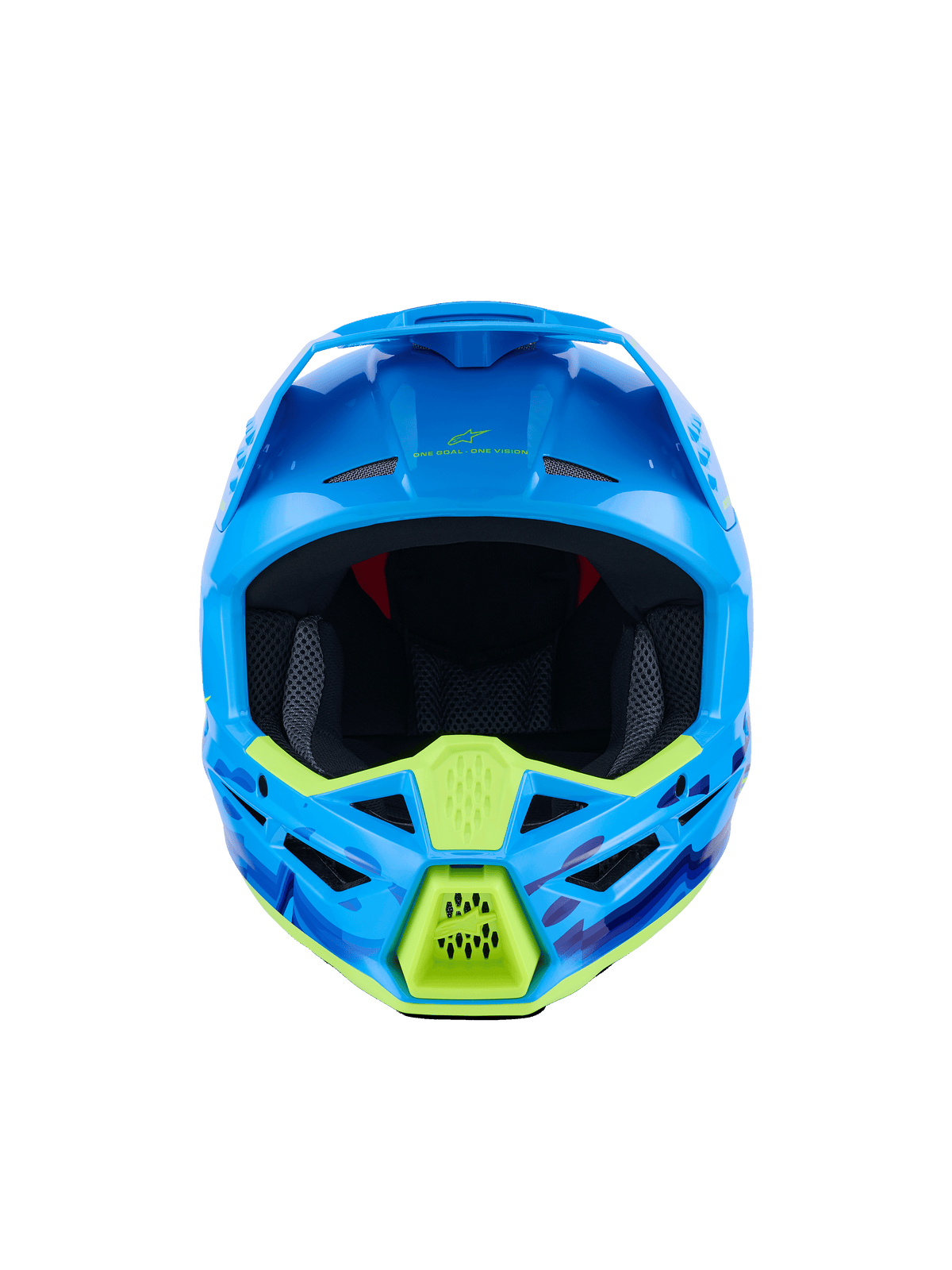 Alpinestars S-M3 Force OCD Helmet, kask motocrossowy, błękitny błyszczący z neonowożółtymi akcentami, widok z przodu, niebieska i fioletowa grafika camo, agresywne otwory wentylacyjne, smukła aerodynamiczna konstrukcja skorupy