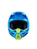 Alpinestars S-M3 Force OCD Helmet, kask motocrossowy, błękitny błyszczący z neonowożółtymi akcentami, widok z przodu, niebieska i fioletowa grafika camo, agresywne otwory wentylacyjne, smukła aerodynamiczna konstrukcja skorupy