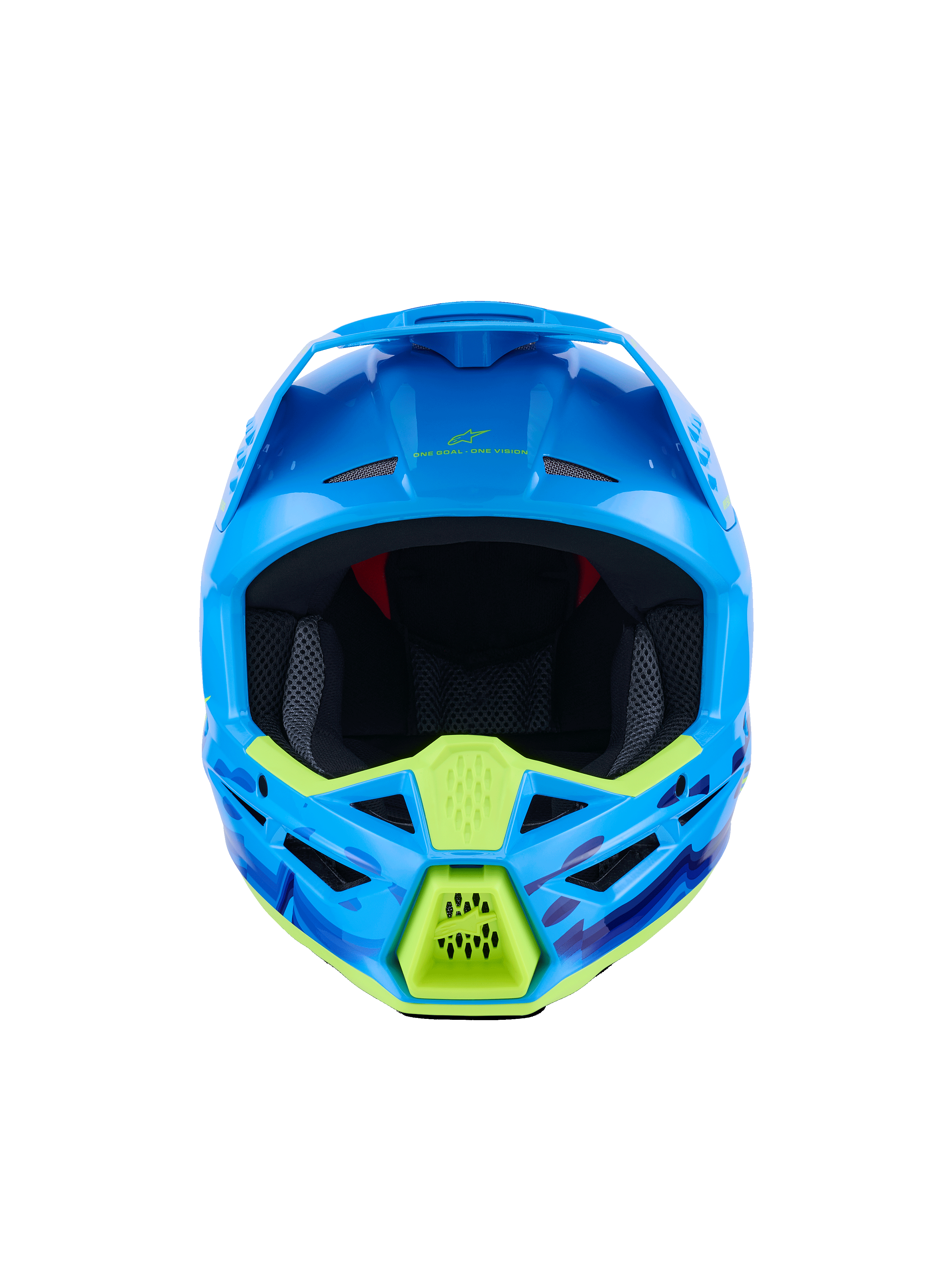 Alpinestars S-M3 Force OCD Helmet, kask motocrossowy, błękitny błyszczący z neonowożółtymi akcentami, widok z przodu, niebieska i fioletowa grafika camo, agresywne otwory wentylacyjne, smukła aerodynamiczna konstrukcja skorupy