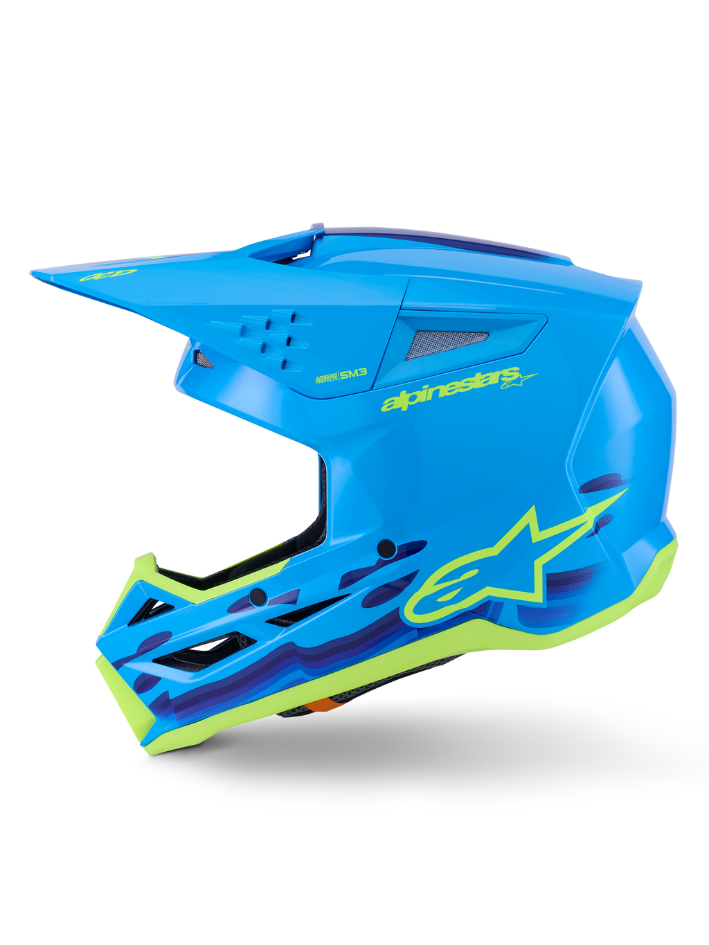 Alpinestars S-M3 Force OCD Helmet, kask motocrossowy, błękitny błyszczący z graficznymi akcentami, aerodynamiczna skorupa, ochronny daszek i wydajna wentylacja do wyścigów terenowych