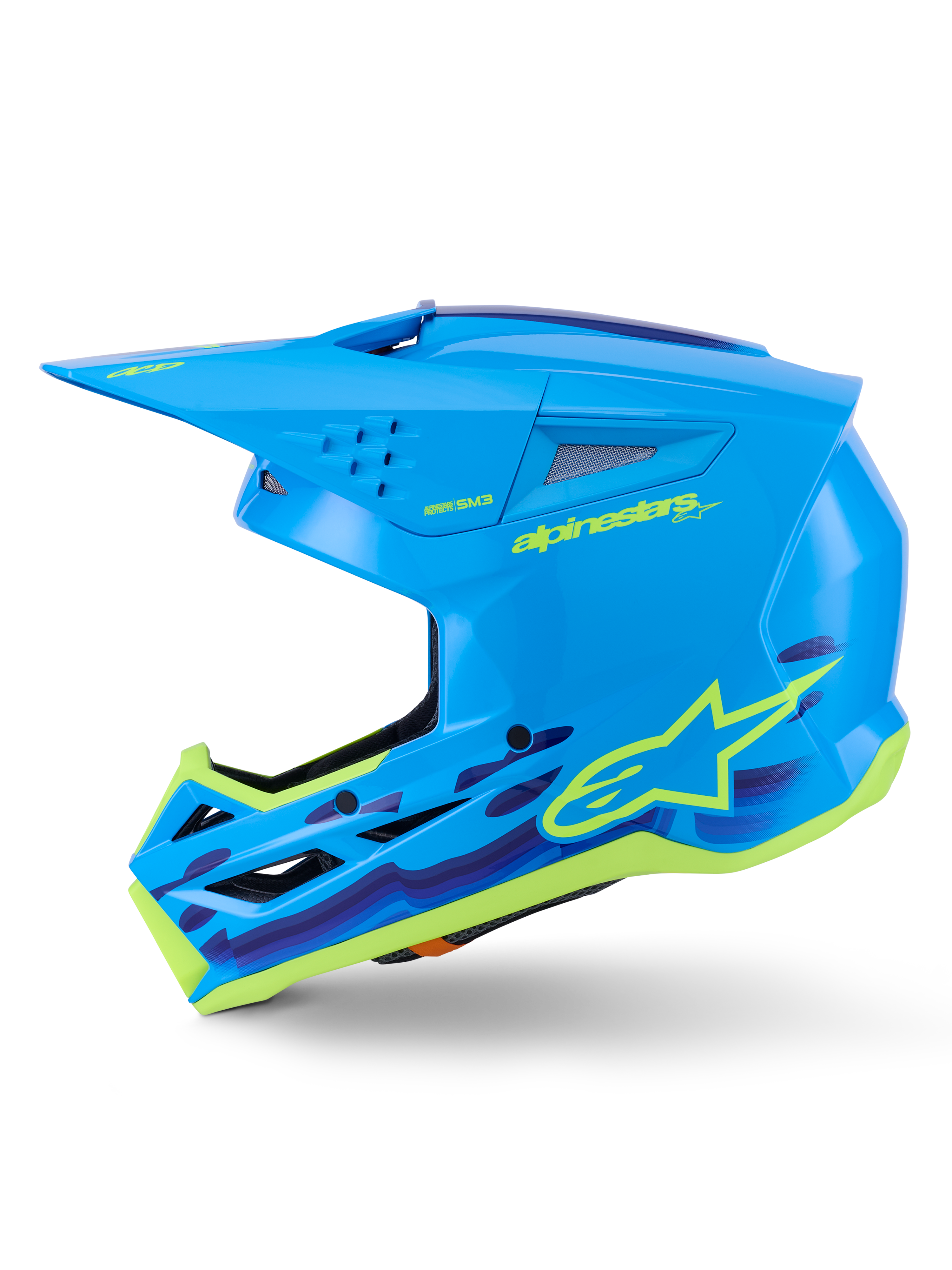 Alpinestars S-M3 Force OCD Helmet, kask motocrossowy, błękitny błyszczący z graficznymi akcentami, aerodynamiczna skorupa, ochronny daszek i wydajna wentylacja do wyścigów terenowych