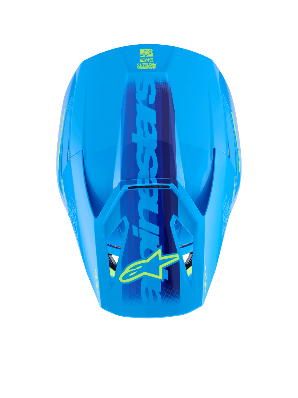 Kask Alpinestars S-M3 Force OCD, Cyan Glossy, widok z góry ukazujący aerodynamiczną skorupę, duży niebieski napis Alpinestars z żółtym logo gwiazdy na daszku, gładkie wykończenie z połyskiem do wyścigów motocrossowych
