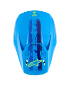 Kask Alpinestars S-M3 Force OCD, Cyan Glossy, widok z góry ukazujący aerodynamiczną skorupę, duży niebieski napis Alpinestars z żółtym logo gwiazdy na daszku, gładkie wykończenie z połyskiem do wyścigów motocrossowych