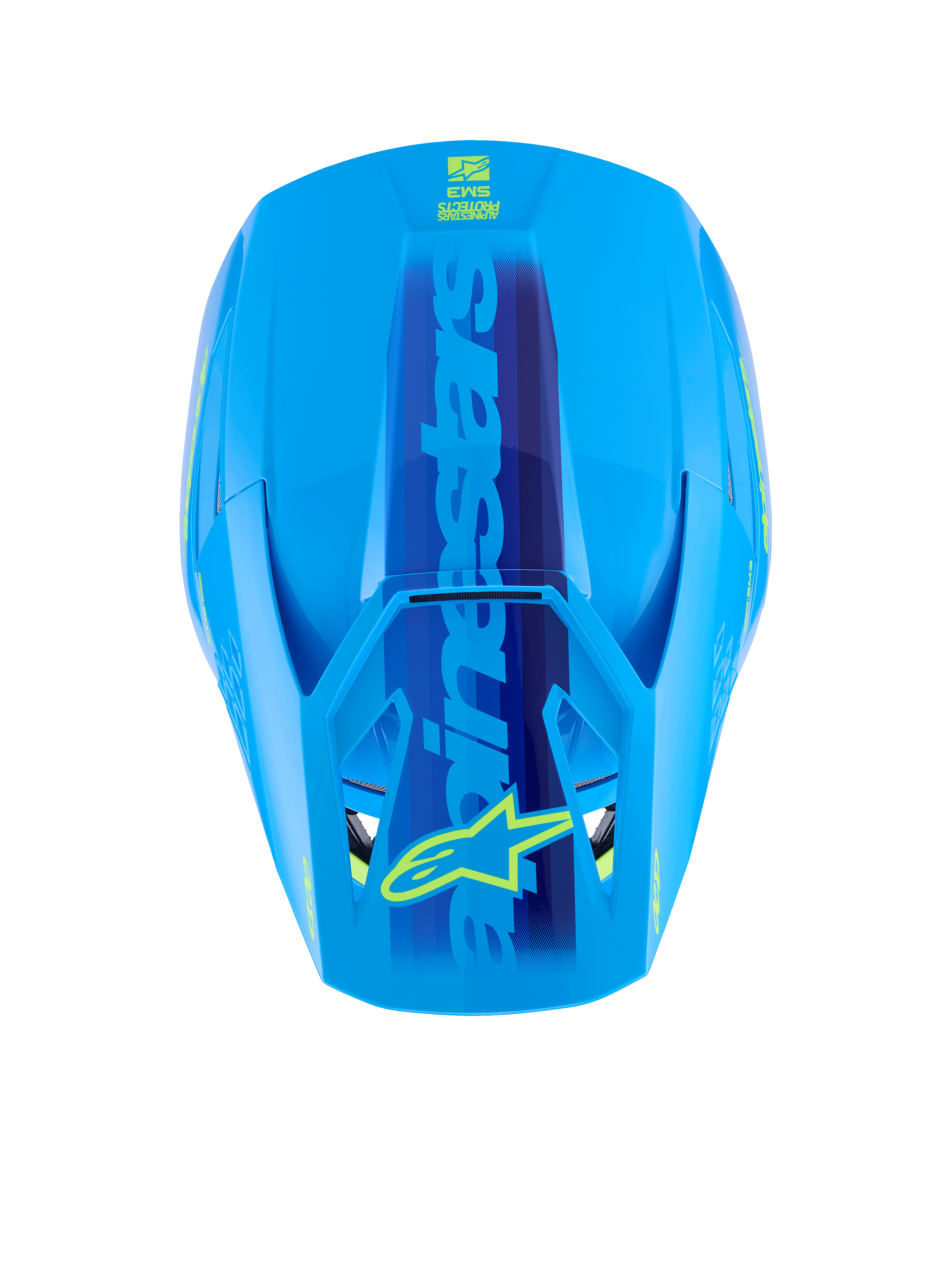Kask Alpinestars S-M3 Force OCD, Cyan Glossy, widok z góry ukazujący aerodynamiczną skorupę, duży niebieski napis Alpinestars z żółtym logo gwiazdy na daszku, gładkie wykończenie z połyskiem do wyścigów motocrossowych