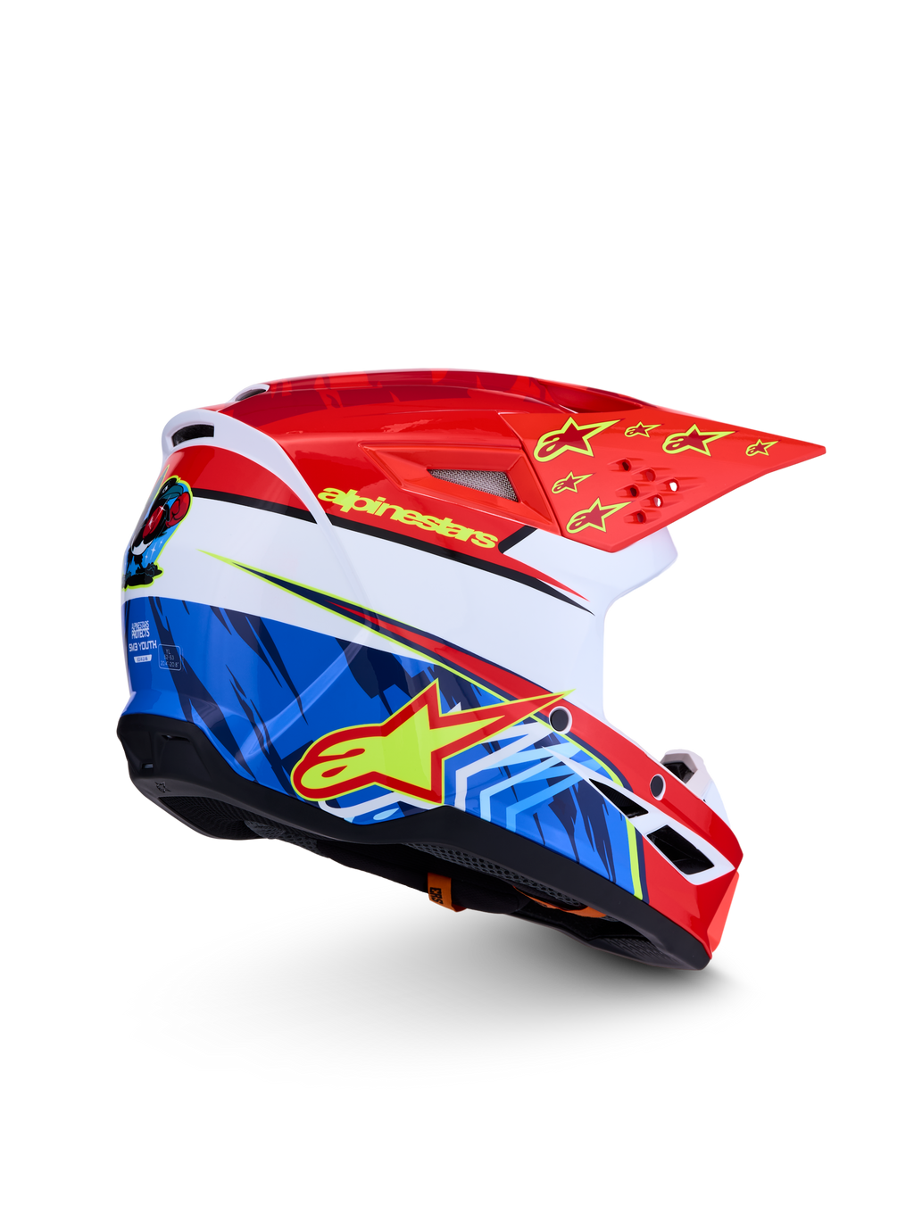 Kask Alpinestars SM3 Falcon Młodzieżowe, czerwono-niebieski kask motocrossowy z żółtymi gwiazdami, certyfikat ECE 2206.