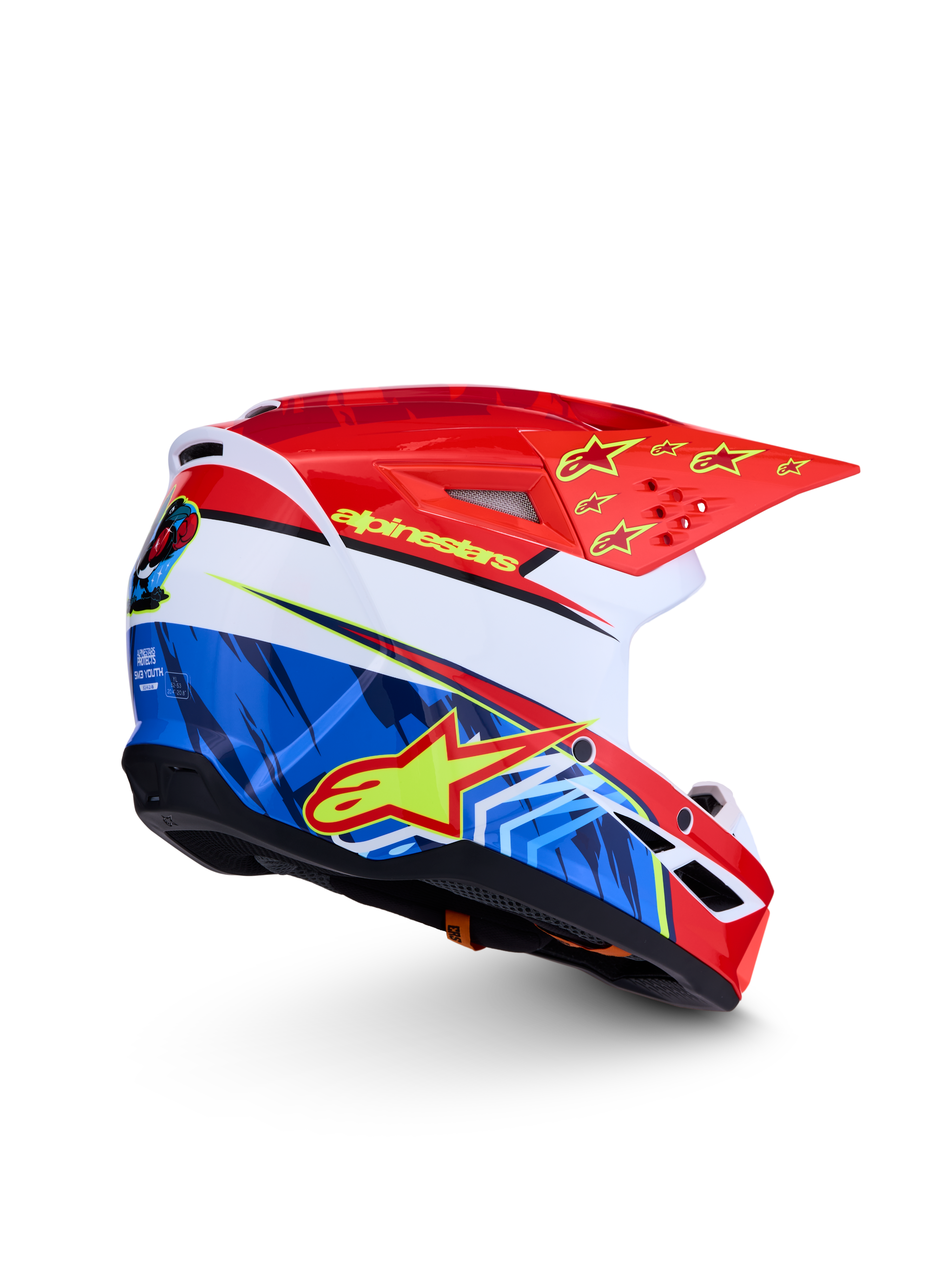 Kask Alpinestars SM3 Falcon Młodzieżowe, czerwono-niebieski kask motocrossowy z żółtymi gwiazdami, certyfikat ECE 2206.