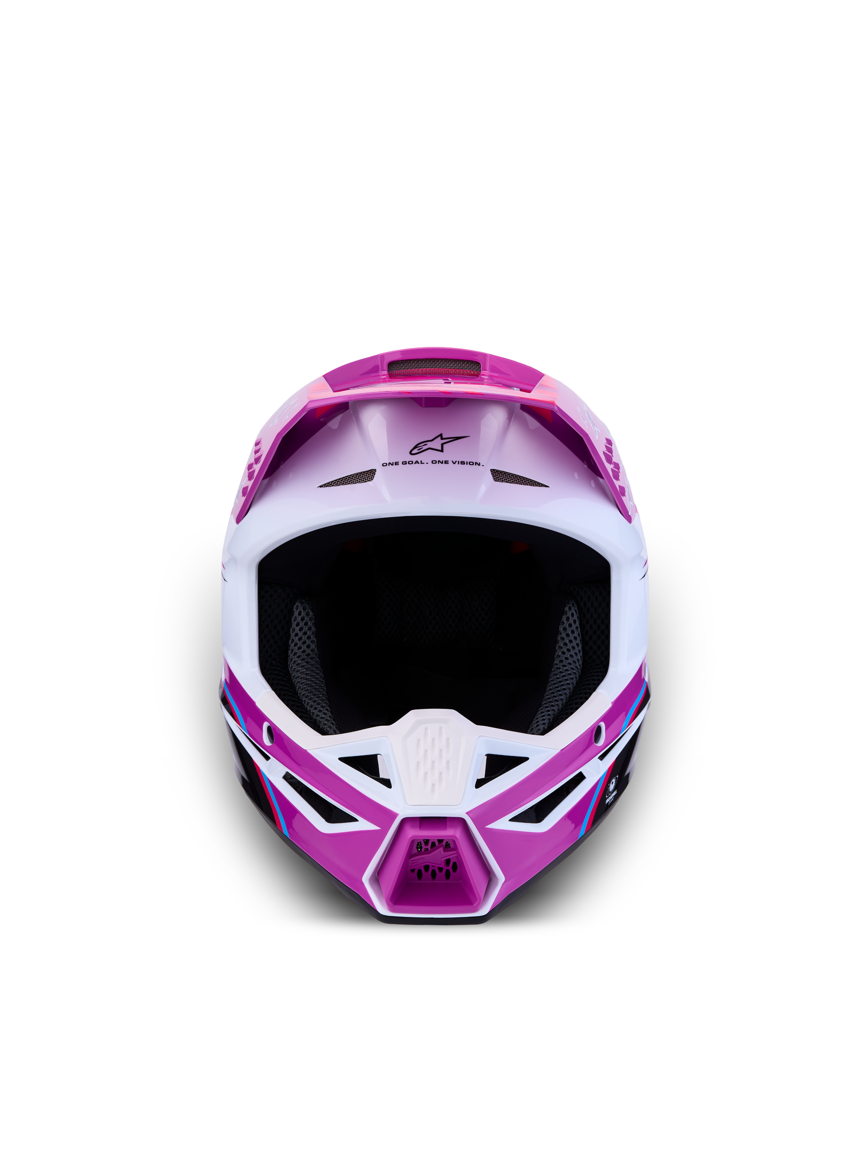 Alpinestars SM3 Youth Falcon Helmet ECE06, Youth Motocross Helmet in Purple and White, featuring a lightweight shell and advanced ventilation for off-road performance, Front View.