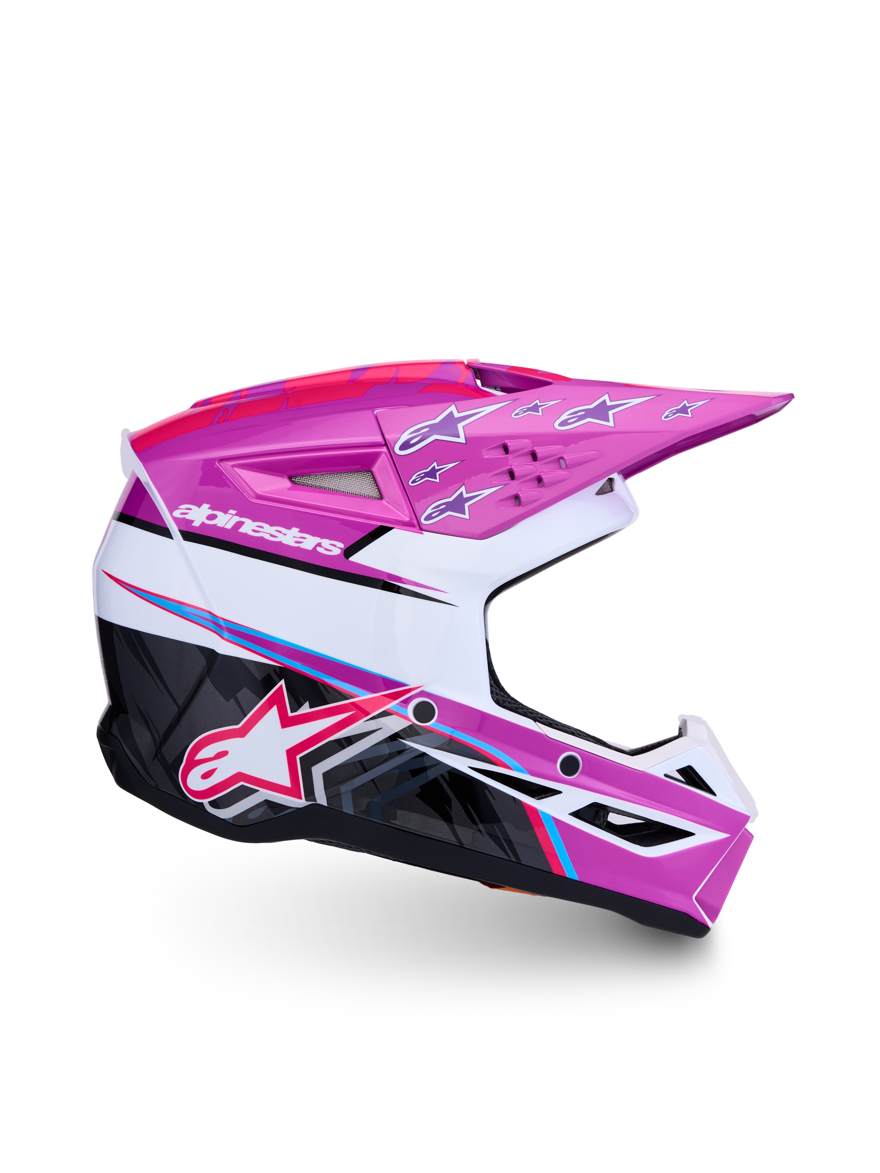 Alpinestars SM3 Youth Falcon Motocross Helmet in Purple, White, and Pink Fluo with ECE06 certified lightweight protection.