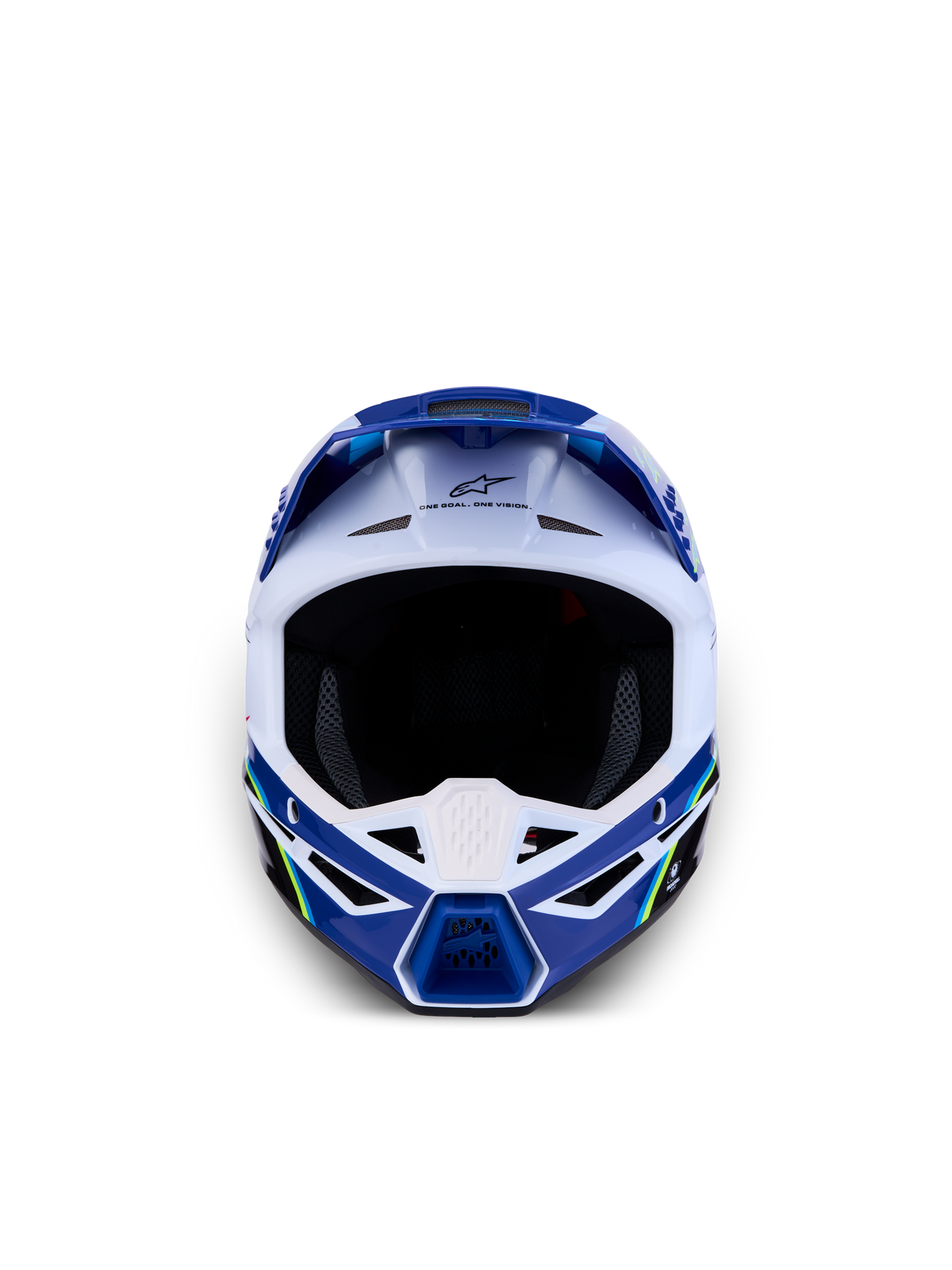 Kask Alpinestars SM3 Falcon Młodzieżowe ECE06, niebieski i biały kask motocrossowy, widok z przodu, doskonała wentylacja.