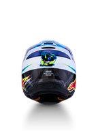 Alpinestars SM3 Youth Falcon Helmet, blue and white motocross gear, rear view with glossy graphics, ECE certified.