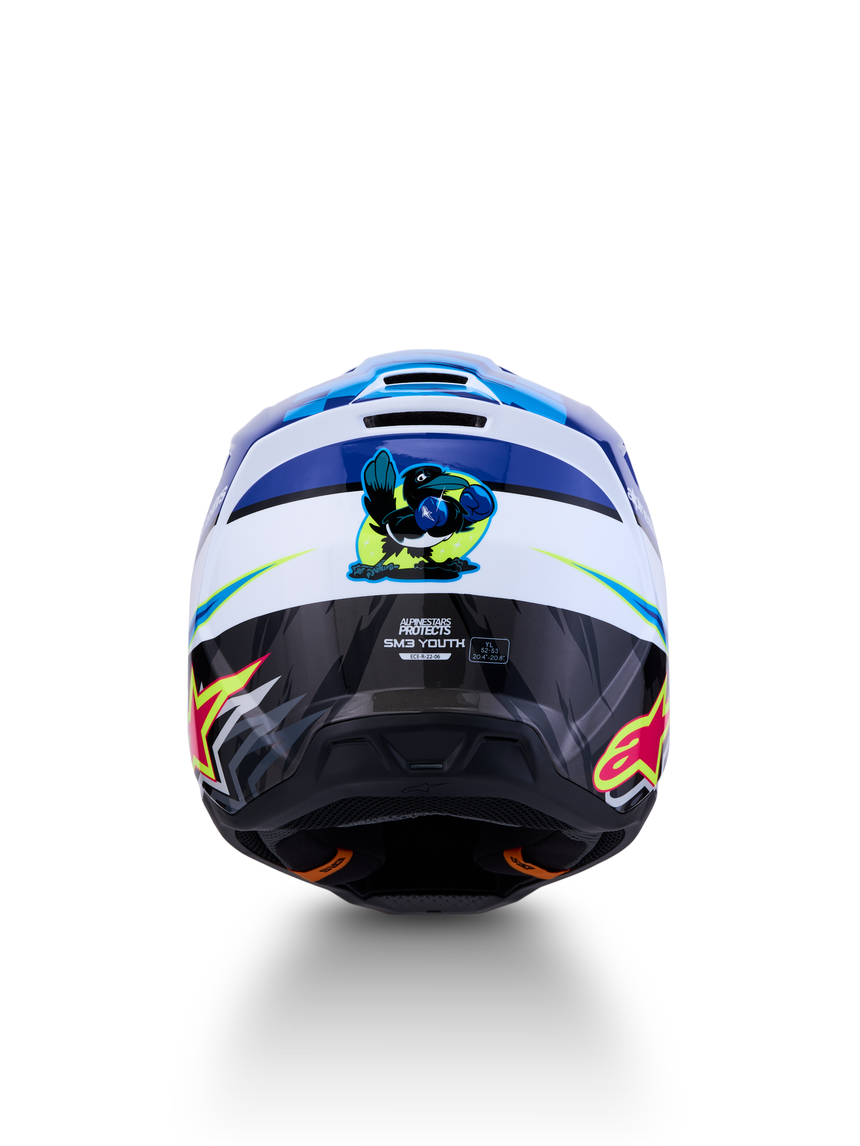 Alpinestars SM3 Youth Falcon Helmet, blue and white motocross gear, rear view with glossy graphics, ECE certified.