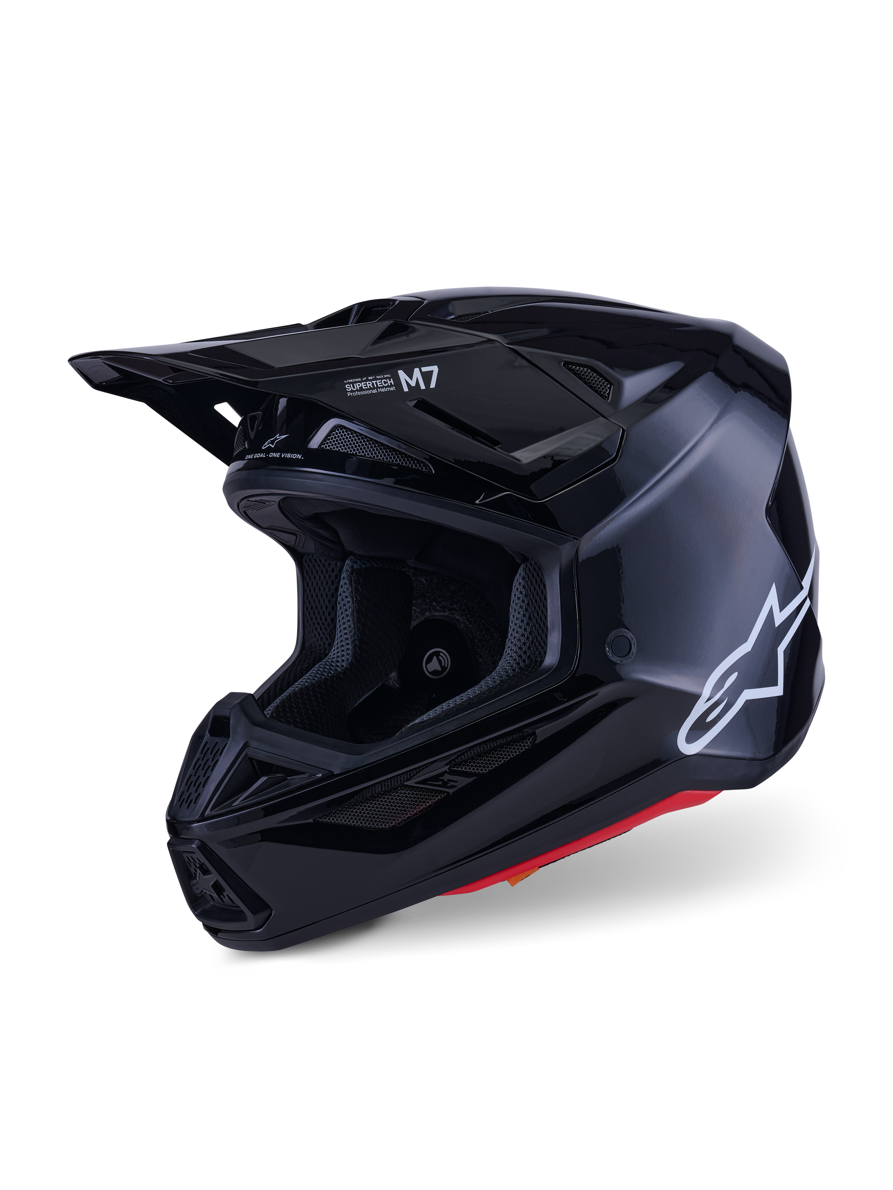 Alpinestars S-M7 Solid Helmet, kask motocrossowy, czarny z połyskiem, białe logo Alpinestars z boku, aerodynamiczny daszek i liczne otwory wentylacyjne zapewniające ochronę podczas wyścigów off-road