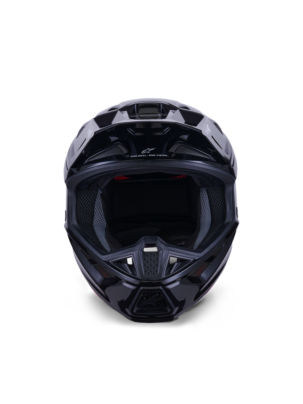 Alpinestars S-M7 Solid Helmet ECE 22.06, kask motocrossowy, czarny błyszczący, widok z przodu podkreślający aerodynamiczną kompozytową skorupę, otwory wentylacyjne na szczęce, wewnętrzna wyściółka z siateczki, eleganckie wykończenie do wyścigów off-road