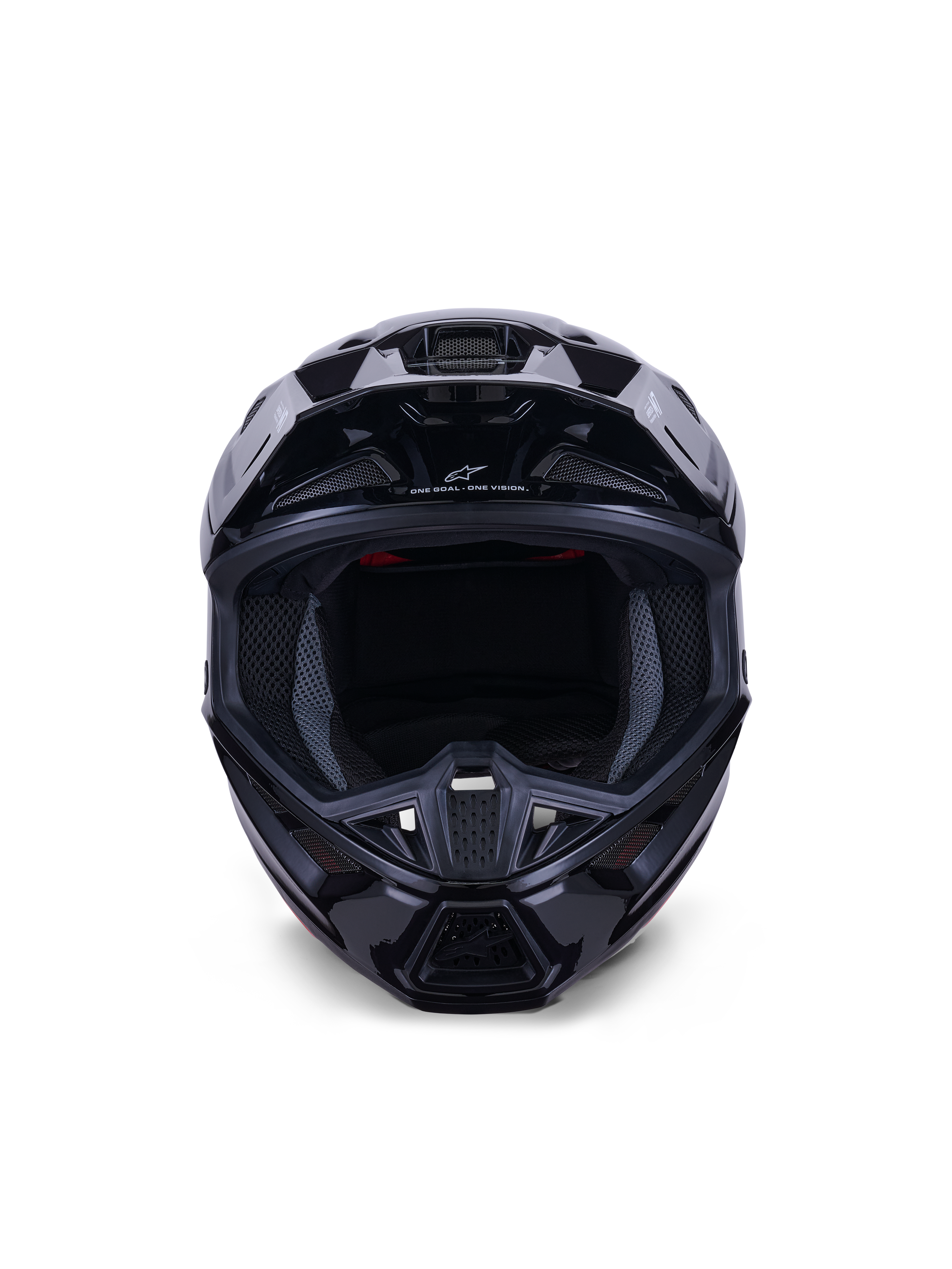 Alpinestars S-M7 Solid Helmet ECE 22.06, kask motocrossowy, czarny błyszczący, widok z przodu podkreślający aerodynamiczną kompozytową skorupę, otwory wentylacyjne na szczęce, wewnętrzna wyściółka z siateczki, eleganckie wykończenie do wyścigów off-road