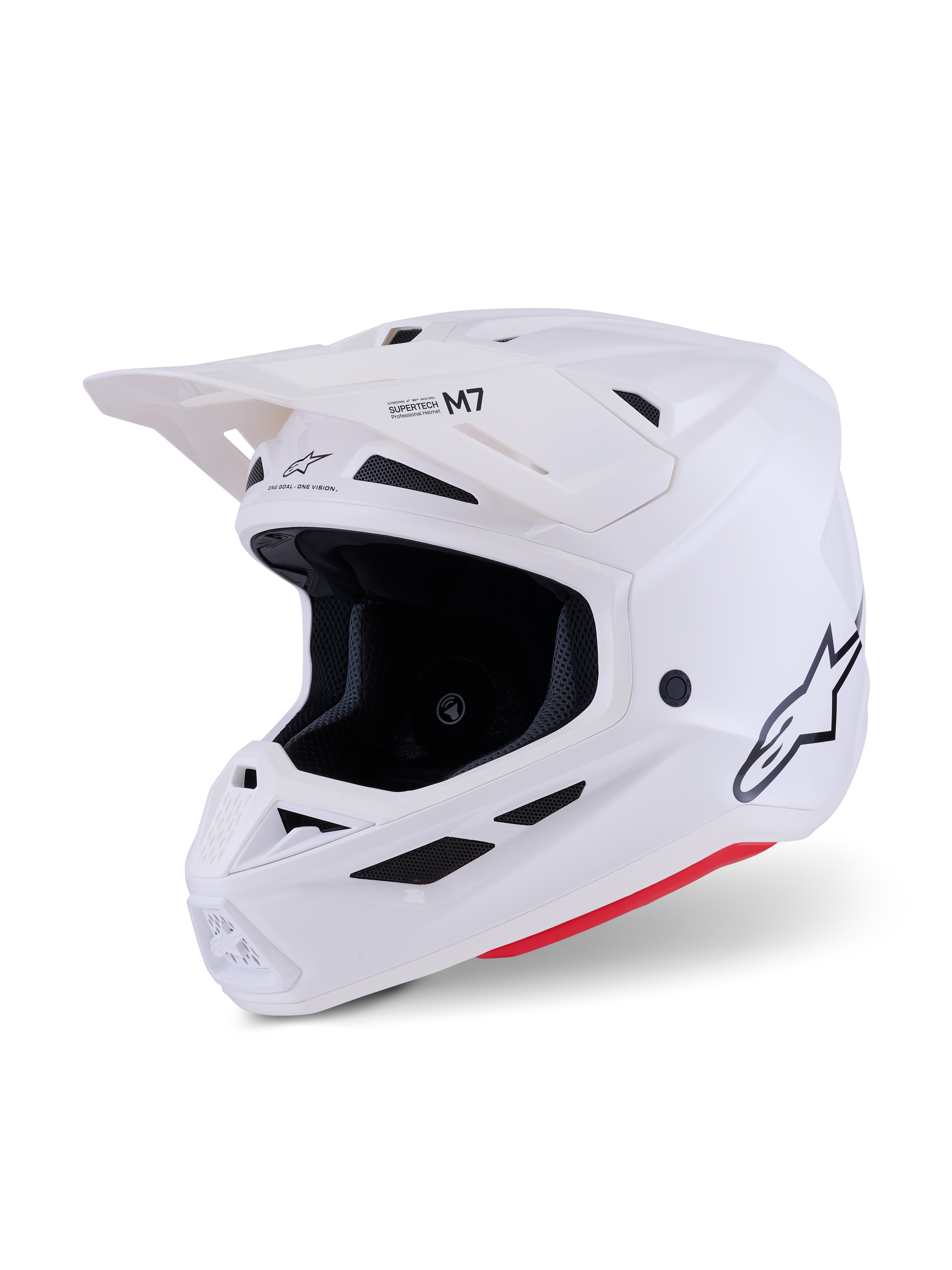 Alpinestars S-M7 Solid Helmet, Motocross Helmet, White Glossy, aerodynamic full-face design with peak visor, featuring a sleek composite shell and 20-port ventilation network, professional off-road racing head protection