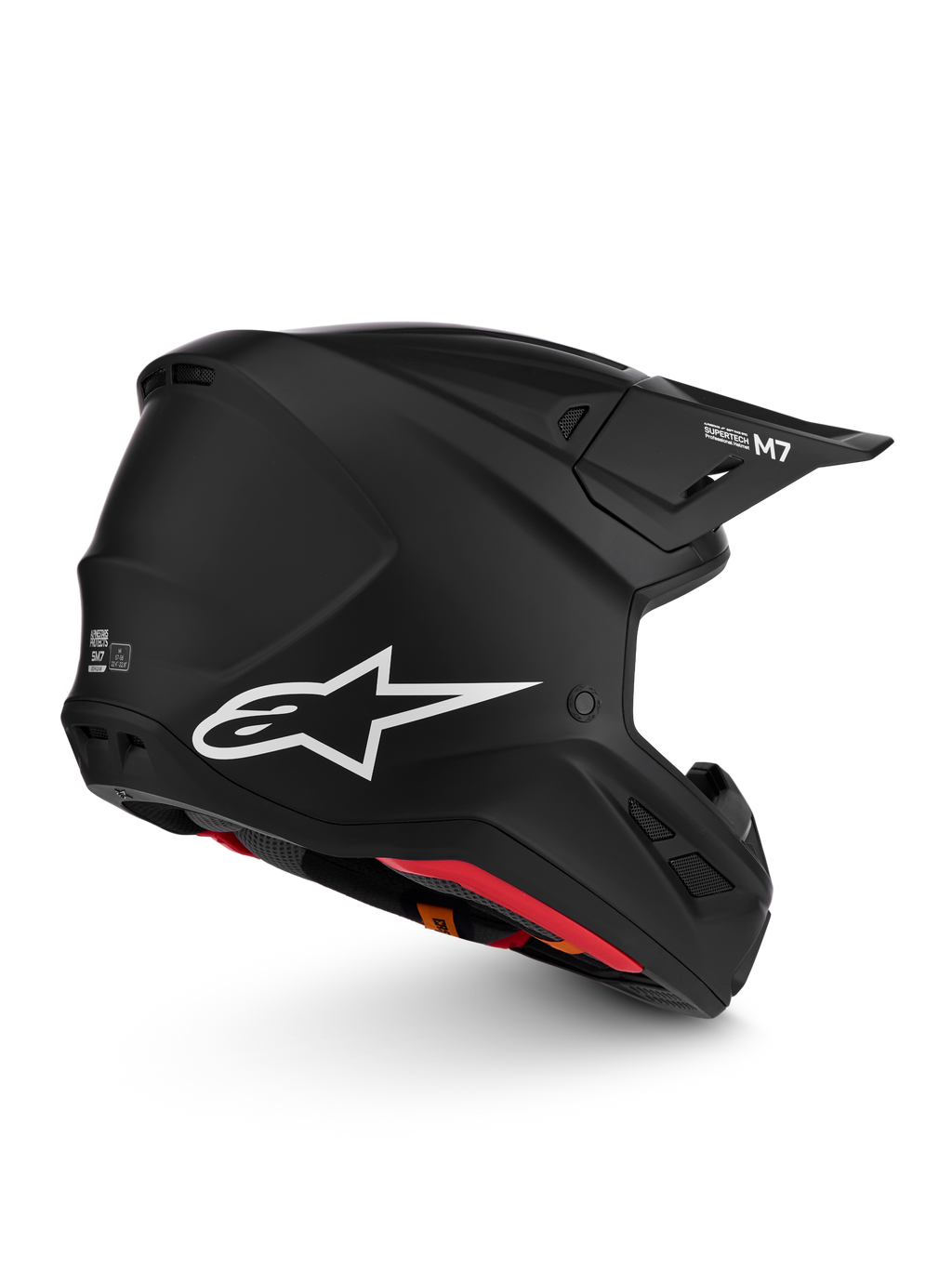 Alpinestars S-M7 Solid ECE06, czarny matowy kask motocyklowy do motocrossu, białe logo z gwiazdą, aerodynamiczny design, certyfikat ECE 22.06
