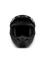 Kask Alpinestars S-M7 Solid ECE06, czarny matowy kask motocrossowy off-road, widok z przodu z aerodynamiczną skorupą i wentylacją.