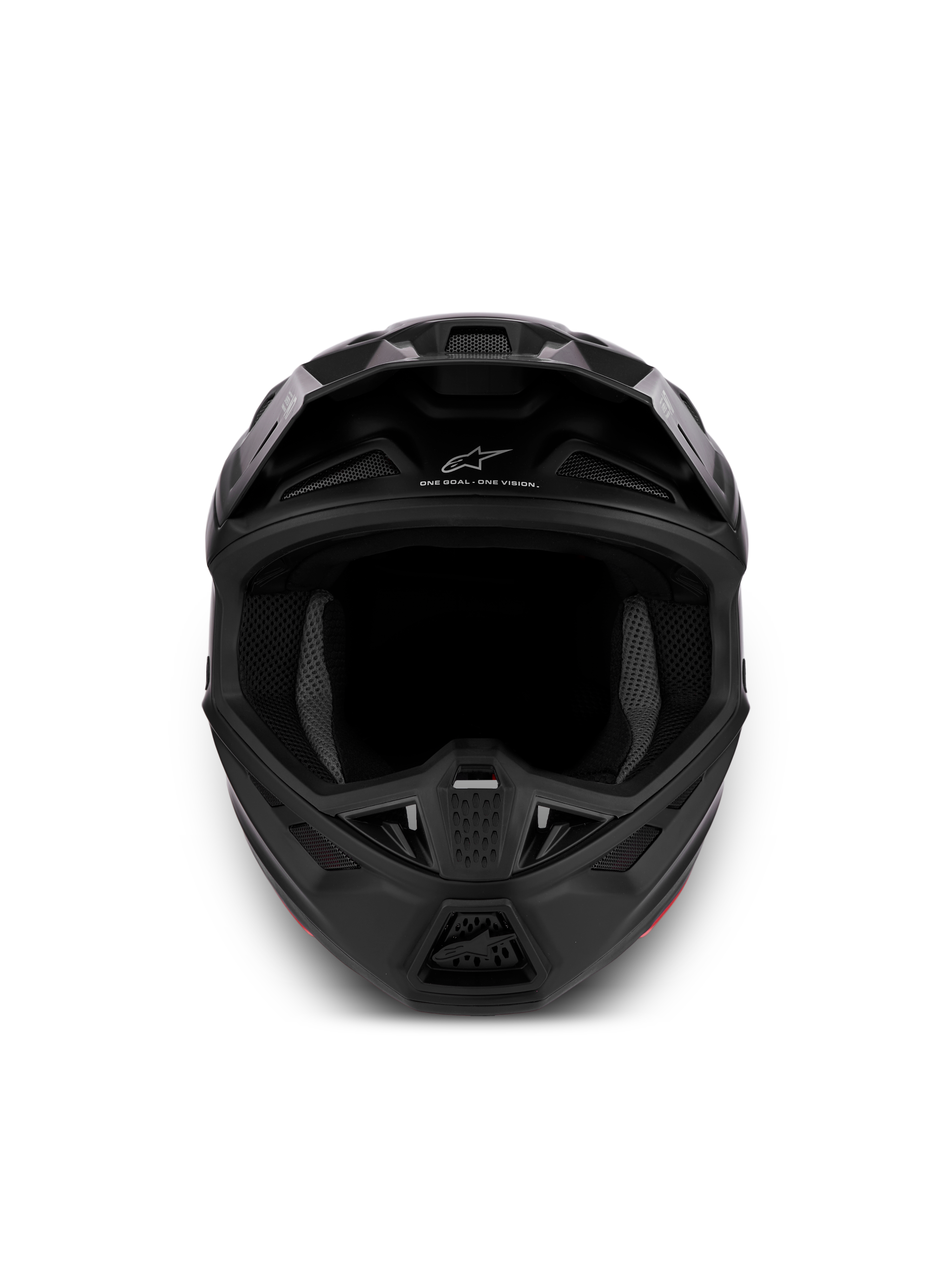Kask Alpinestars S-M7 Solid ECE06, czarny matowy kask motocrossowy off-road, widok z przodu z aerodynamiczną skorupą i wentylacją.