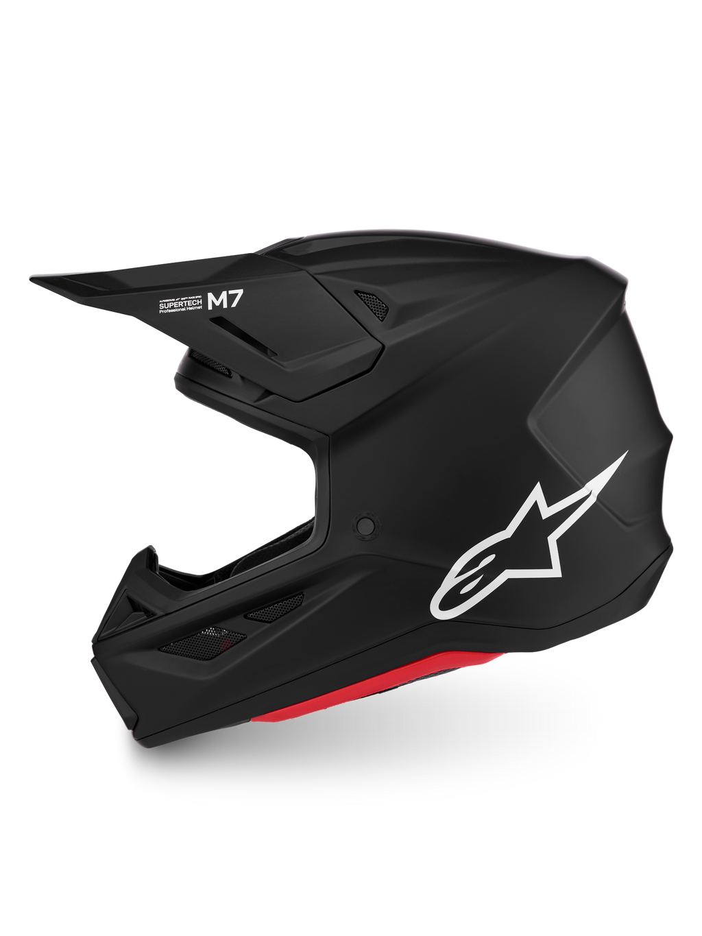 Kask Alpinestars S-M7 Solid ECE06, kask motocrossowy off-road, czarny matowy i biały z czerwonym wykończeniem, certyfikowany ECE 22.06, aerodynamiczna skorupa z białym logo Astars.