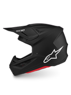 Kask Alpinestars S-M7 Solid ECE06, kask motocrossowy off-road, czarny matowy i biały z czerwonym wykończeniem, certyfikowany ECE 22.06, aerodynamiczna skorupa z białym logo Astars.