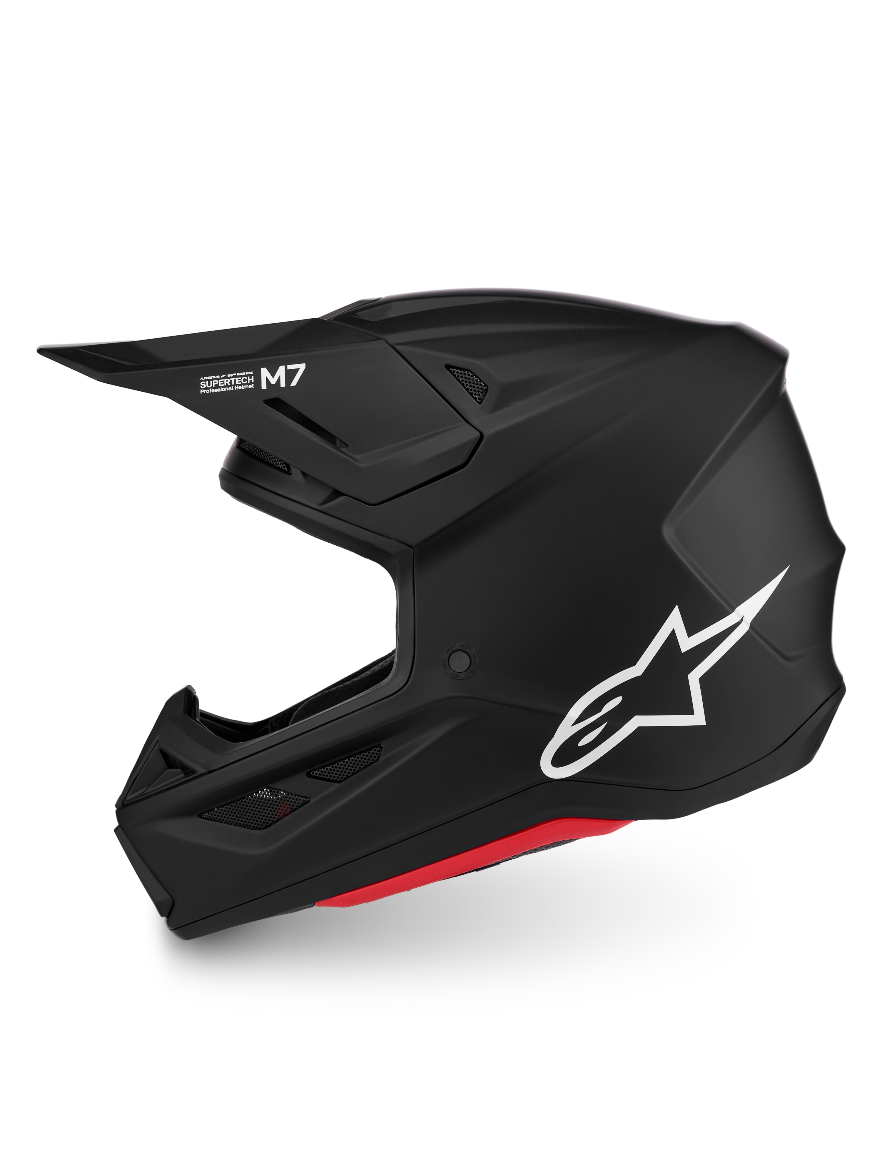 Kask Alpinestars S-M7 Solid ECE06, kask motocrossowy off-road, czarny matowy i biały z czerwonym wykończeniem, certyfikowany ECE 22.06, aerodynamiczna skorupa z białym logo Astars.