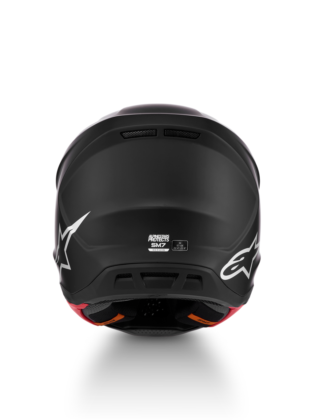 Alpinestars S-M7 Solid ECE06, czarny matowy kask motocrossowy w widoku z tyłu, rozmiar M, certyfikat ECE 22.06.