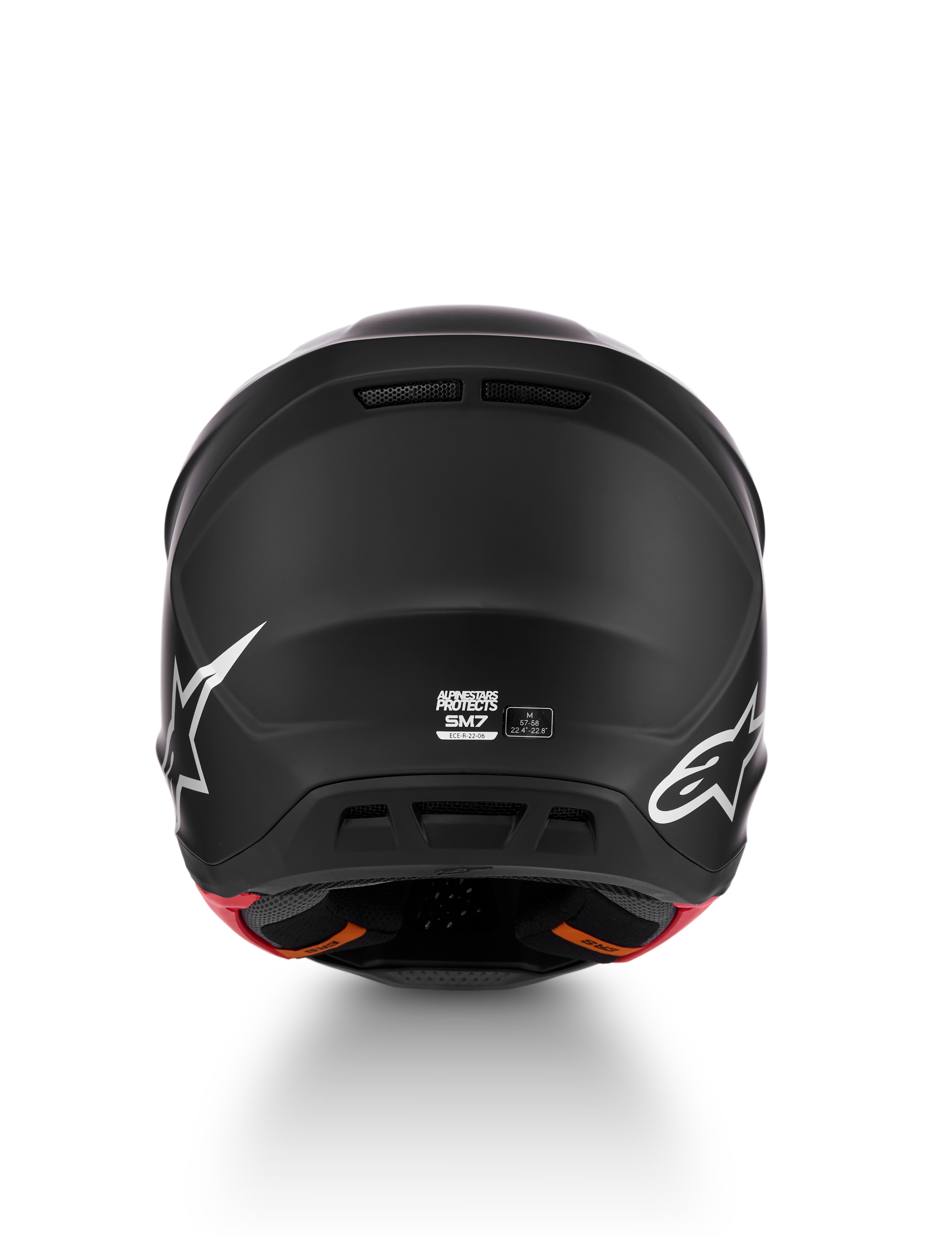 Alpinestars S-M7 Solid ECE06, czarny matowy kask motocrossowy w widoku z tyłu, rozmiar M, certyfikat ECE 22.06.