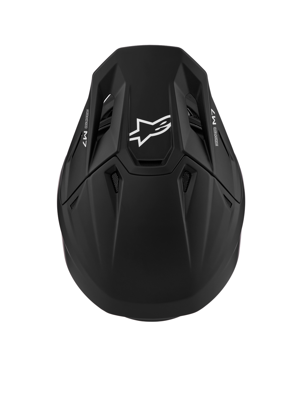 Kask Alpinestars S-M7 Solid ECE06, czarny matowy kask motocrossowy, aerodynamiczna skorupa z białym logo Astars i widocznymi wlotami powietrza, certyfikat ECE 22.06.