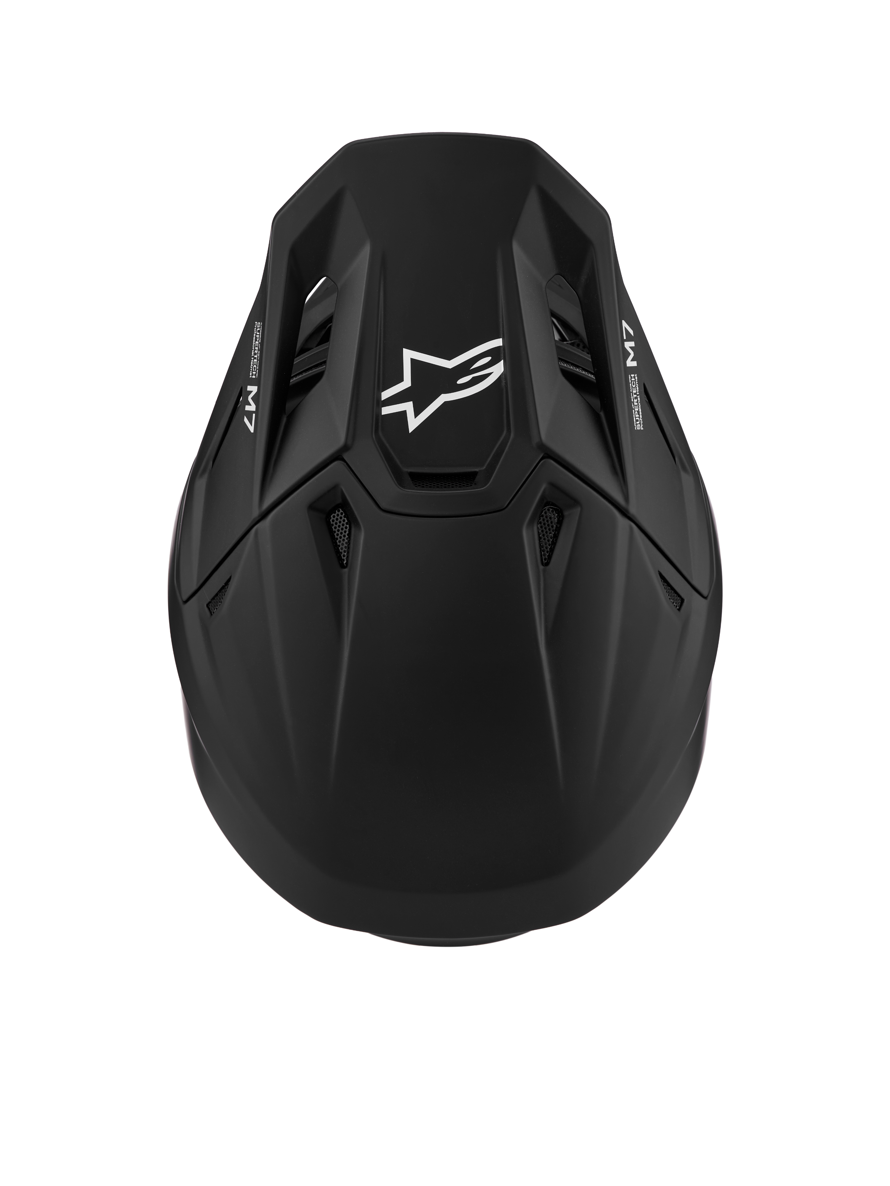 Kask Alpinestars S-M7 Solid ECE06, czarny matowy kask motocrossowy, aerodynamiczna skorupa z białym logo Astars i widocznymi wlotami powietrza, certyfikat ECE 22.06.