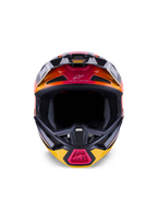 Alpinestars S-M7 Rise Helmet ECE 22.06, Motocross Helmet, Black Yellow and Pink Glossy with orange gradients, front-facing view showing aerodynamic composite shell, multiple intake vents with mesh, and 'One Goal. One Vision.' branding, designed for off-road racing.