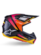 Alpinestars S-M7 Rise Helmet, Motocross Racing Helmet, Glossy Black with Pink, Orange, and Yellow Graphics, side profile view, featuring white Alpinestars logo and visor, aerodynamic shell with integrated ventilation ports