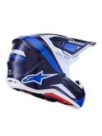 Kask Alpinestars S-M7 Rise, kask motocrossowy, niebiesko-biały z połyskiem, granatowe i jasnoniebieskie grafiki z białymi akcentami, logo Alpinestars z boku i z tyłu, aerodynamiczna konstrukcja z otworami wentylacyjnymi, profesjonalny sprzęt do wyścigów off-road