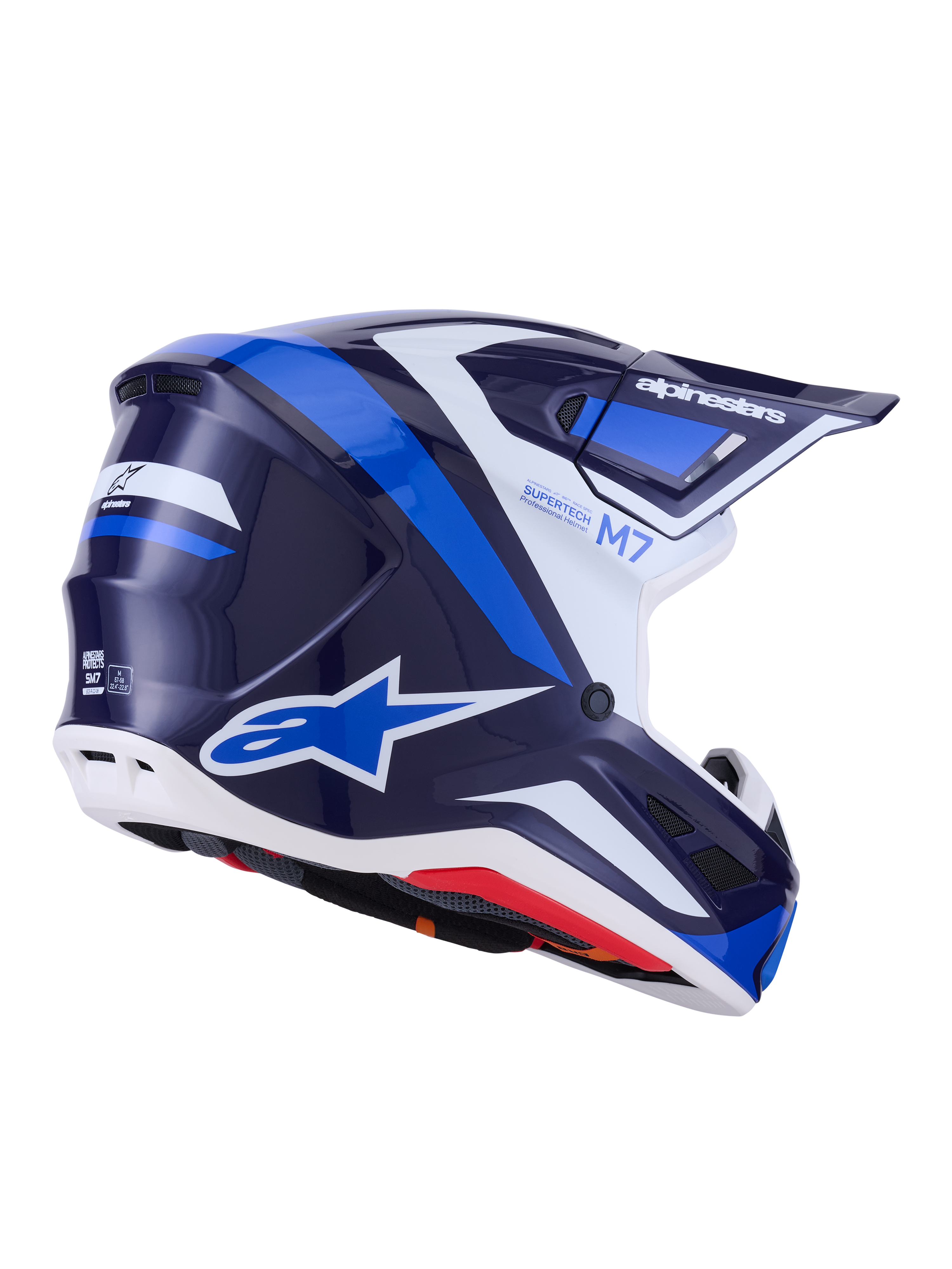 Kask Alpinestars S-M7 Rise, kask motocrossowy, niebiesko-biały z połyskiem, granatowe i jasnoniebieskie grafiki z białymi akcentami, logo Alpinestars z boku i z tyłu, aerodynamiczna konstrukcja z otworami wentylacyjnymi, profesjonalny sprzęt do wyścigów off-road