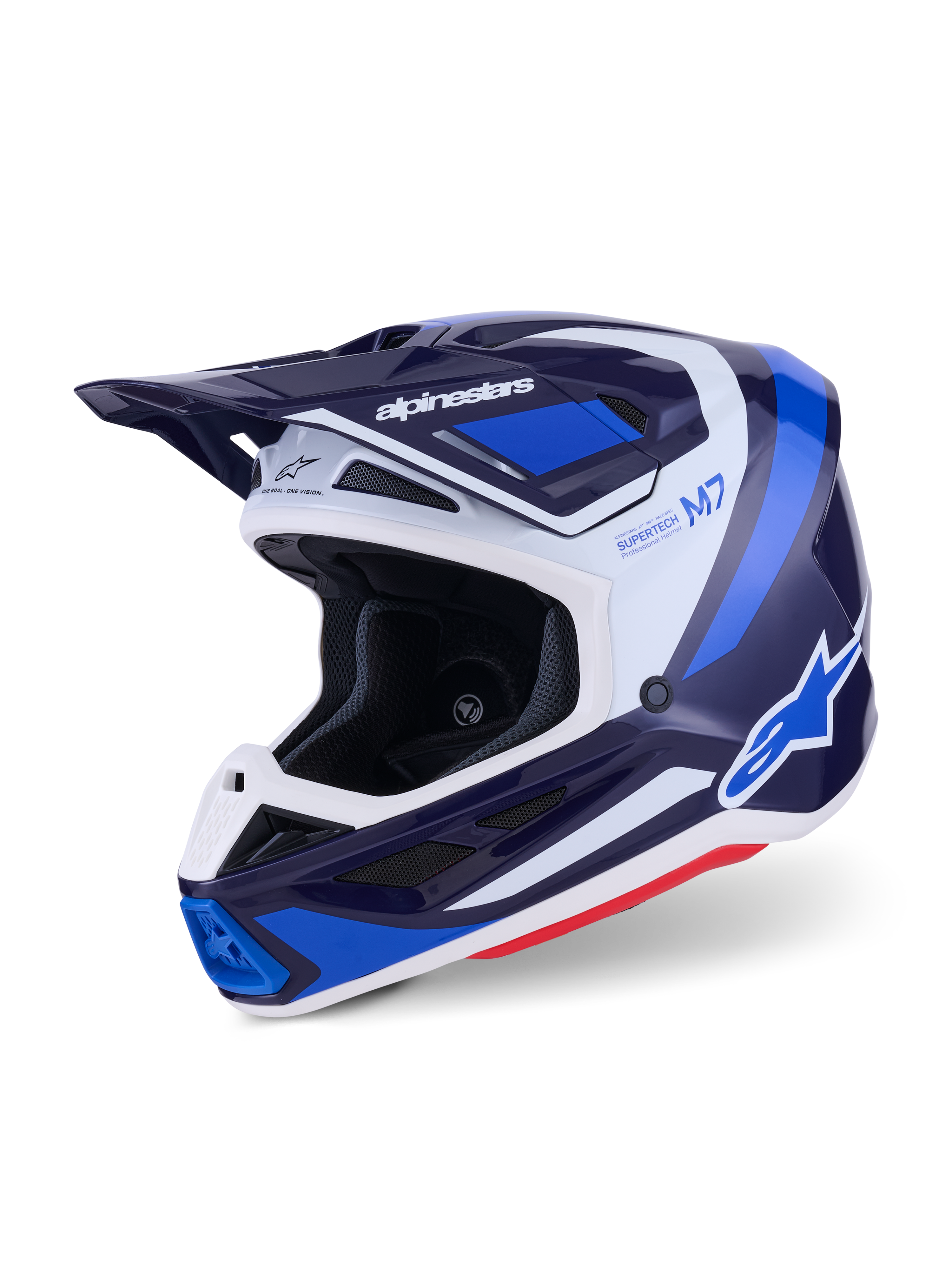 Alpinestars S-M7 Rise Motocross Helmet, niebiesko-biały z połyskiem, widok z trzech czwartych ukazujący aerodynamiczną skorupę ze zintegrowanym daszkiem i licznymi otworami wentylacyjnymi, białe i niebieskie akcenty graficzne oraz wyrazisty branding, wysokiej klasy wyczynowy sprzęt off-road