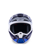 Kask Alpinestars S-M7 Rise, Blue White Glossy, widok z przodu, kask motocrossowy off-road z licznymi otworami wentylacyjnymi, logo Astars na czole, aerodynamiczna konstrukcja skorupy kompozytowej