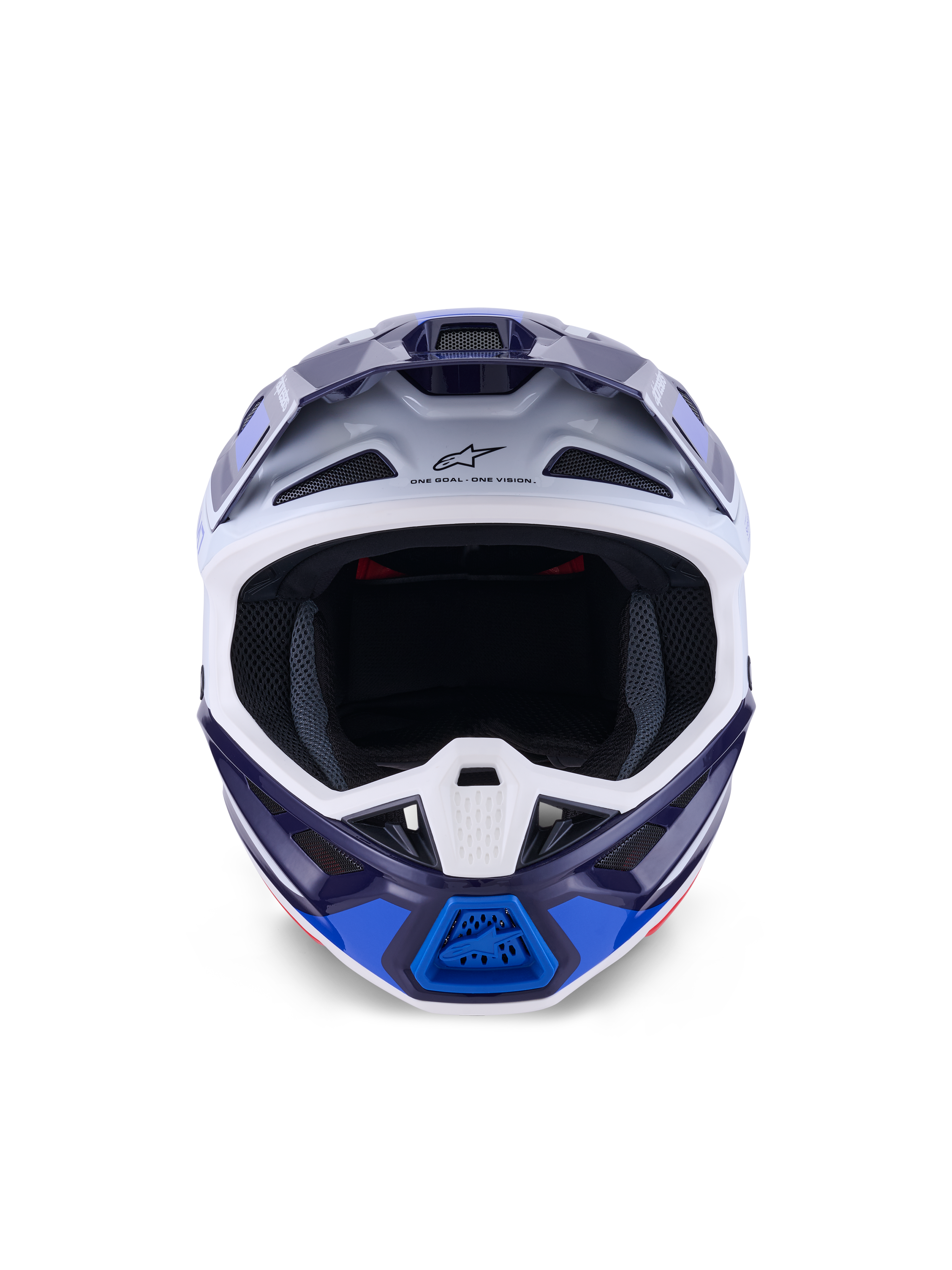 Kask Alpinestars S-M7 Rise, Blue White Glossy, widok z przodu, kask motocrossowy off-road z licznymi otworami wentylacyjnymi, logo Astars na czole, aerodynamiczna konstrukcja skorupy kompozytowej