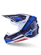 Kask Alpinestars S-M7 Rise, kask motocrossowy, niebieski, biały i granatowy z połyskiem, widok z profilu bocznego z logo Alpinestars na daszku i boku, napisy M7 i Supertech, aerodynamiczna skorupa z otworami wentylacyjnymi, błyszczące wykończenie dla wydajności off-road.