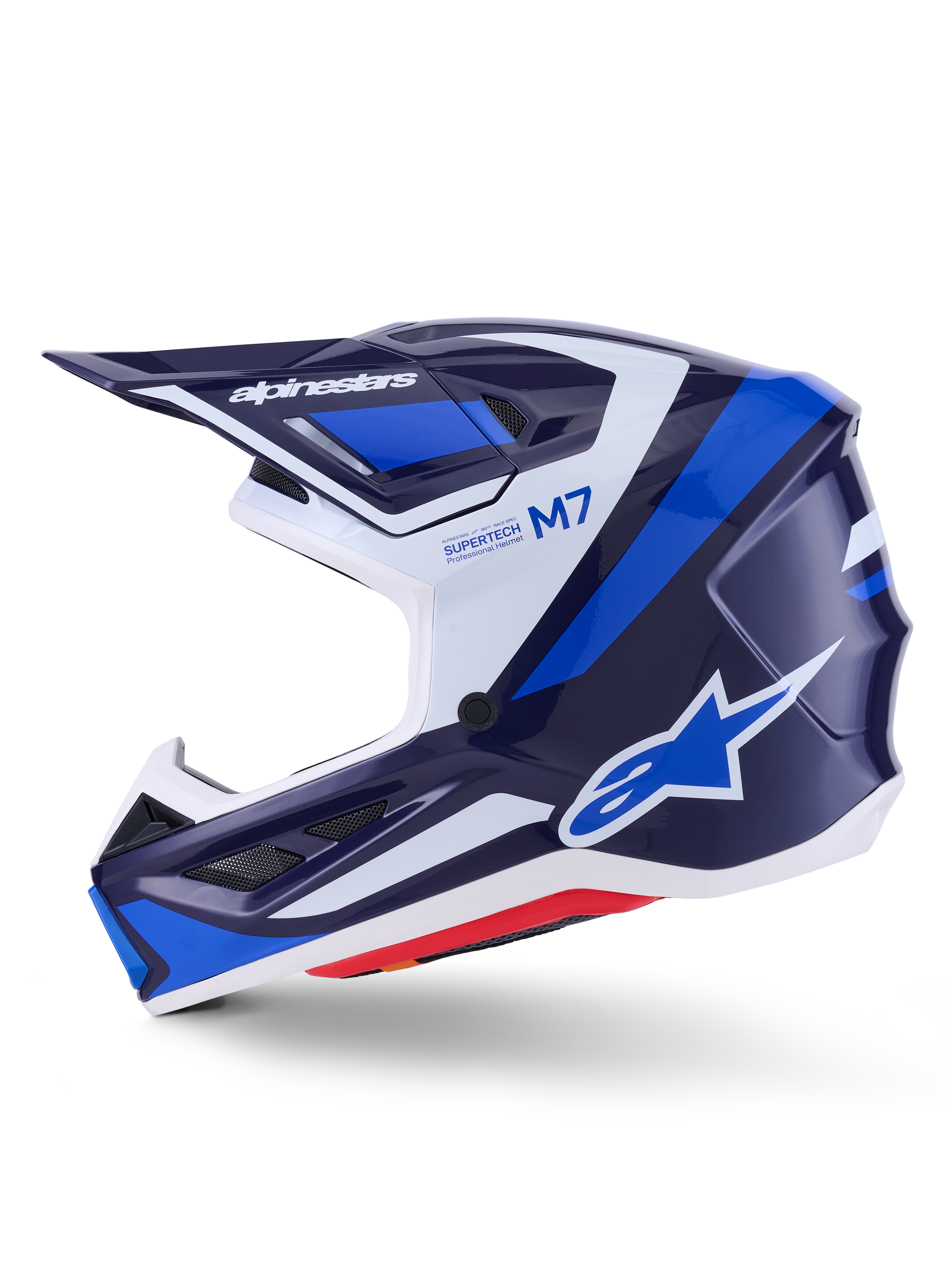 Kask Alpinestars S-M7 Rise, kask motocrossowy, niebieski, biały i granatowy z połyskiem, widok z profilu bocznego z logo Alpinestars na daszku i boku, napisy M7 i Supertech, aerodynamiczna skorupa z otworami wentylacyjnymi, błyszczące wykończenie dla wydajności off-road.