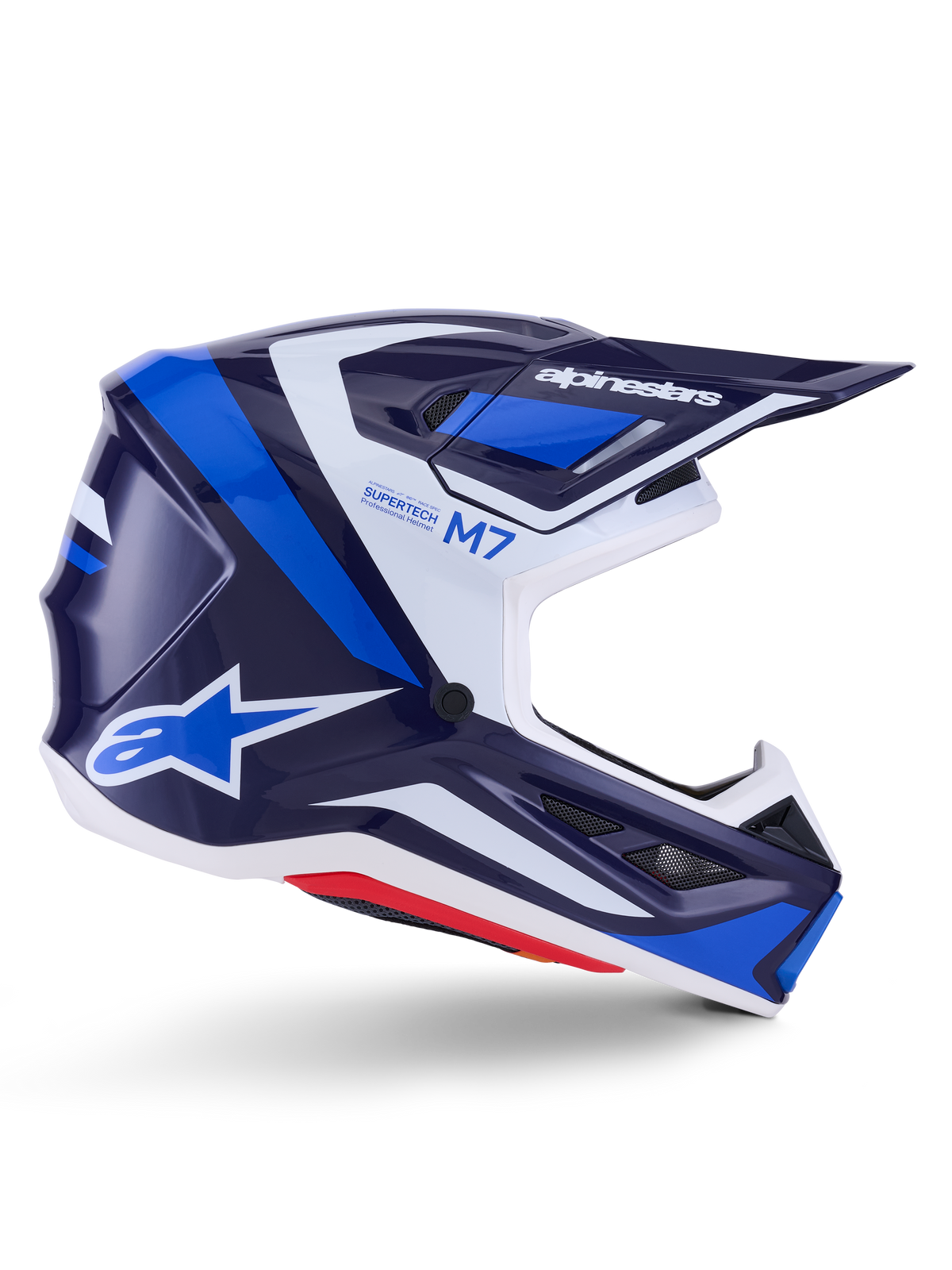 Kask Alpinestars S-M7 Rise, kask motocrossowy, niebiesko-biały z błyszczącym wykończeniem, profil boczny z aerodynamiczną skorupą kompozytową, wentylowany daszek i kanciasty design z wyraźnym brandingiem, profesjonalna ochrona off-road