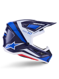 Kask Alpinestars S-M7 Rise, kask motocrossowy, niebiesko-biały z błyszczącym wykończeniem, profil boczny z aerodynamiczną skorupą kompozytową, wentylowany daszek i kanciasty design z wyraźnym brandingiem, profesjonalna ochrona off-road