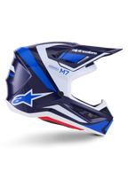 Kask Alpinestars S-M7 Rise, kask motocrossowy, niebiesko-biały z błyszczącym wykończeniem, profil boczny z aerodynamiczną skorupą kompozytową, wentylowany daszek i kanciasty design z wyraźnym brandingiem, profesjonalna ochrona off-road