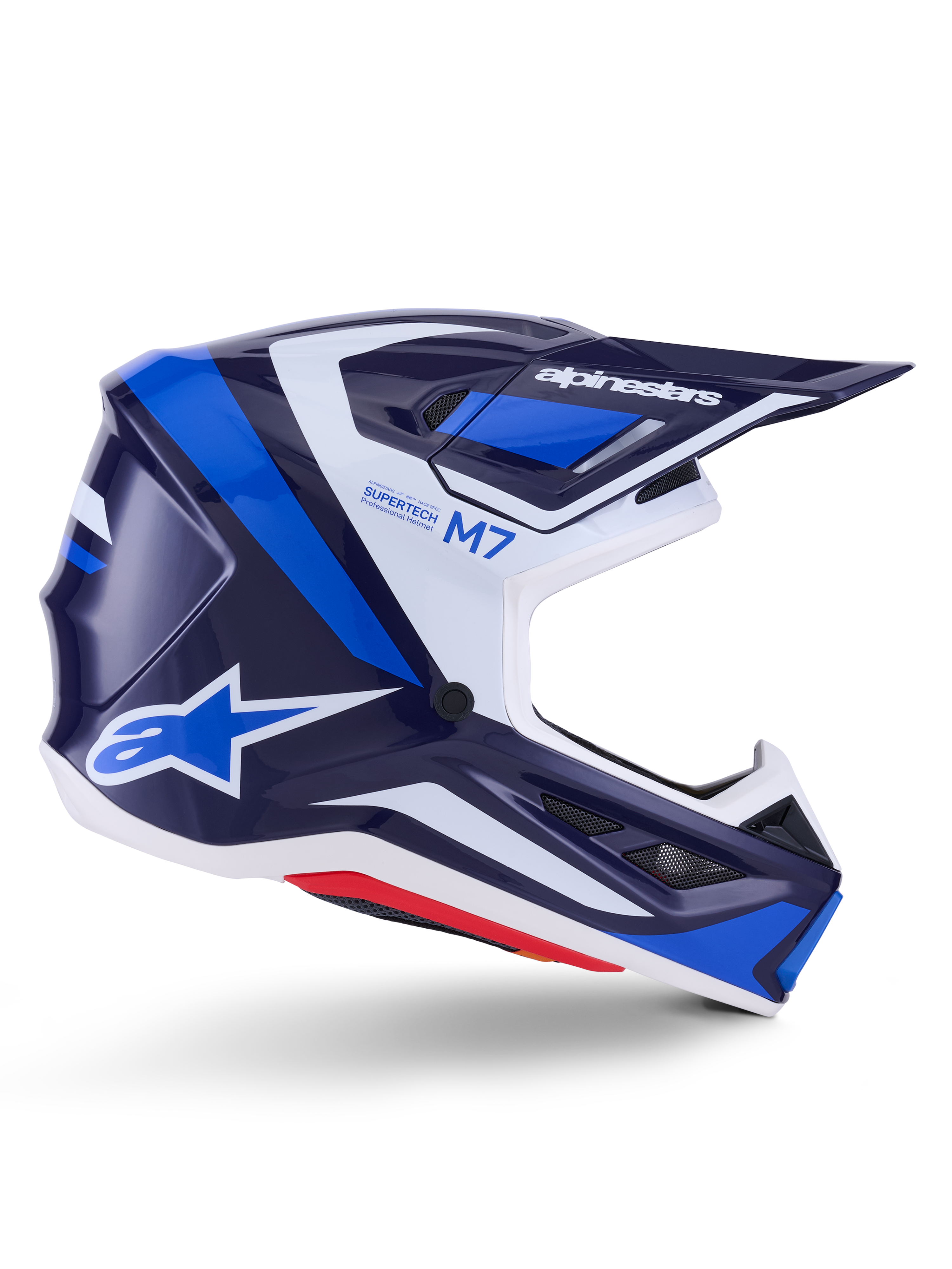 Kask Alpinestars S-M7 Rise, kask motocrossowy, niebiesko-biały z błyszczącym wykończeniem, profil boczny z aerodynamiczną skorupą kompozytową, wentylowany daszek i kanciasty design z wyraźnym brandingiem, profesjonalna ochrona off-road