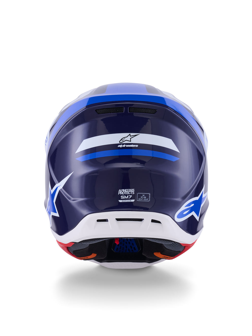 Kask Alpinestars S-M7 Rise, widok z tyłu, niebiesko-biały błyszczący, z logo Alpinestars i brandingiem SM7, aerodynamiczna kompozytowa skorupa z białą dolną sekcją i otworami wentylacyjnymi, wysokowydajna ochrona głowy do motocrossu