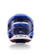 Kask Alpinestars S-M7 Rise, widok z tyłu, niebiesko-biały błyszczący, z logo Alpinestars i brandingiem SM7, aerodynamiczna kompozytowa skorupa z białą dolną sekcją i otworami wentylacyjnymi, wysokowydajna ochrona głowy do motocrossu