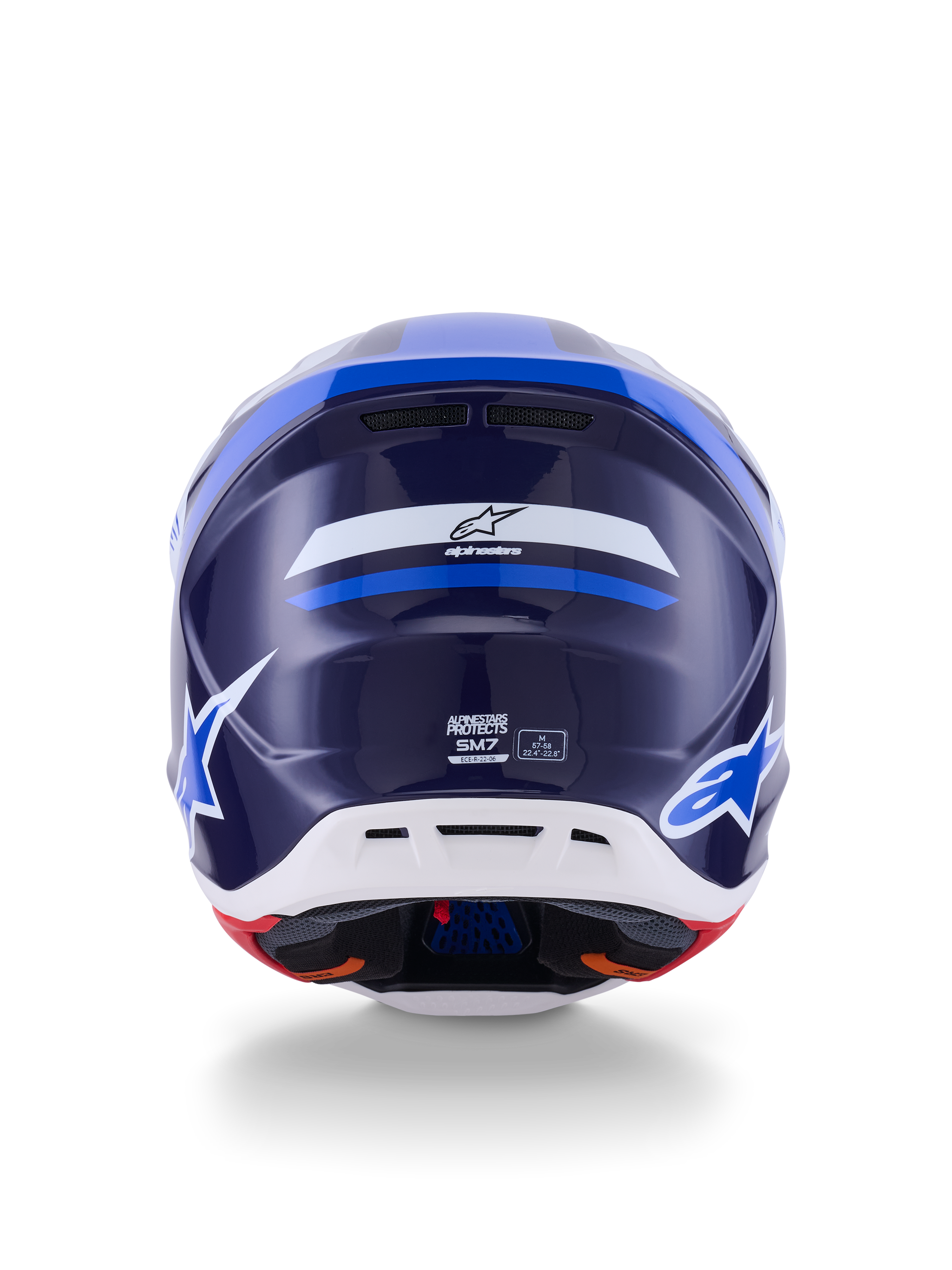 Kask Alpinestars S-M7 Rise, widok z tyłu, niebiesko-biały błyszczący, z logo Alpinestars i brandingiem SM7, aerodynamiczna kompozytowa skorupa z białą dolną sekcją i otworami wentylacyjnymi, wysokowydajna ochrona głowy do motocrossu