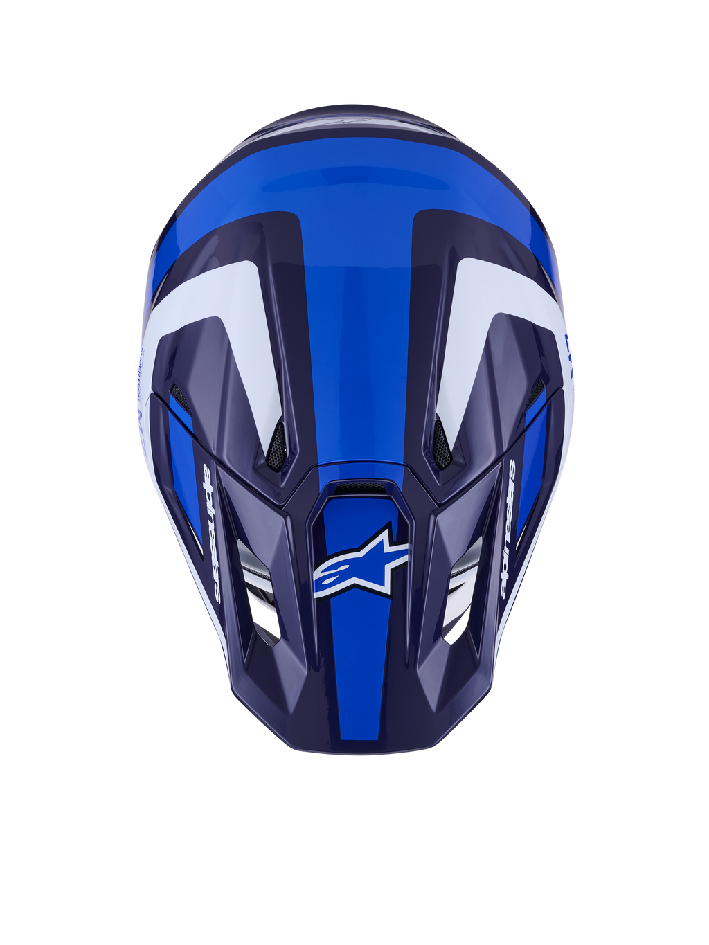 Alpinestars S-M7 Rise Helmet, kask motocrossowy, niebiesko-biały błyszczący, widok z góry ukazujący aerodynamiczną skorupę i otwory wentylacyjne, biała i ciemnoniebieska geometryczna grafika z wyraźnym brandingiem