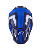 Alpinestars S-M7 Rise Helmet, kask motocrossowy, niebiesko-biały błyszczący, widok z góry ukazujący aerodynamiczną skorupę i otwory wentylacyjne, biała i ciemnoniebieska geometryczna grafika z wyraźnym brandingiem