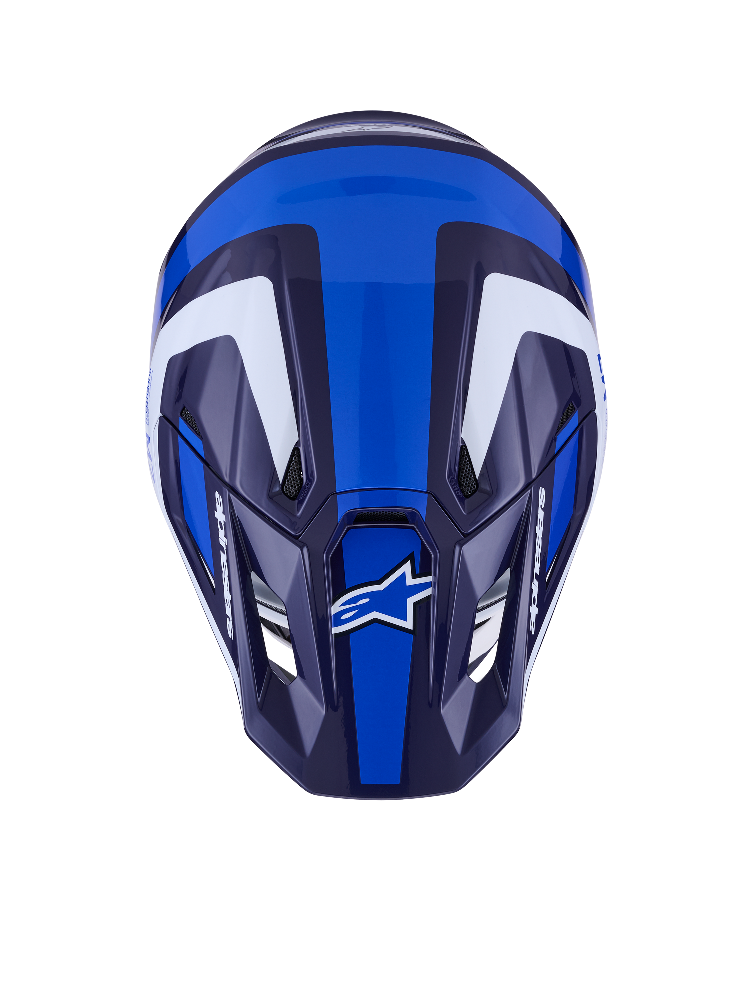 Alpinestars S-M7 Rise Helmet, kask motocrossowy, niebiesko-biały błyszczący, widok z góry ukazujący aerodynamiczną skorupę i otwory wentylacyjne, biała i ciemnoniebieska geometryczna grafika z wyraźnym brandingiem