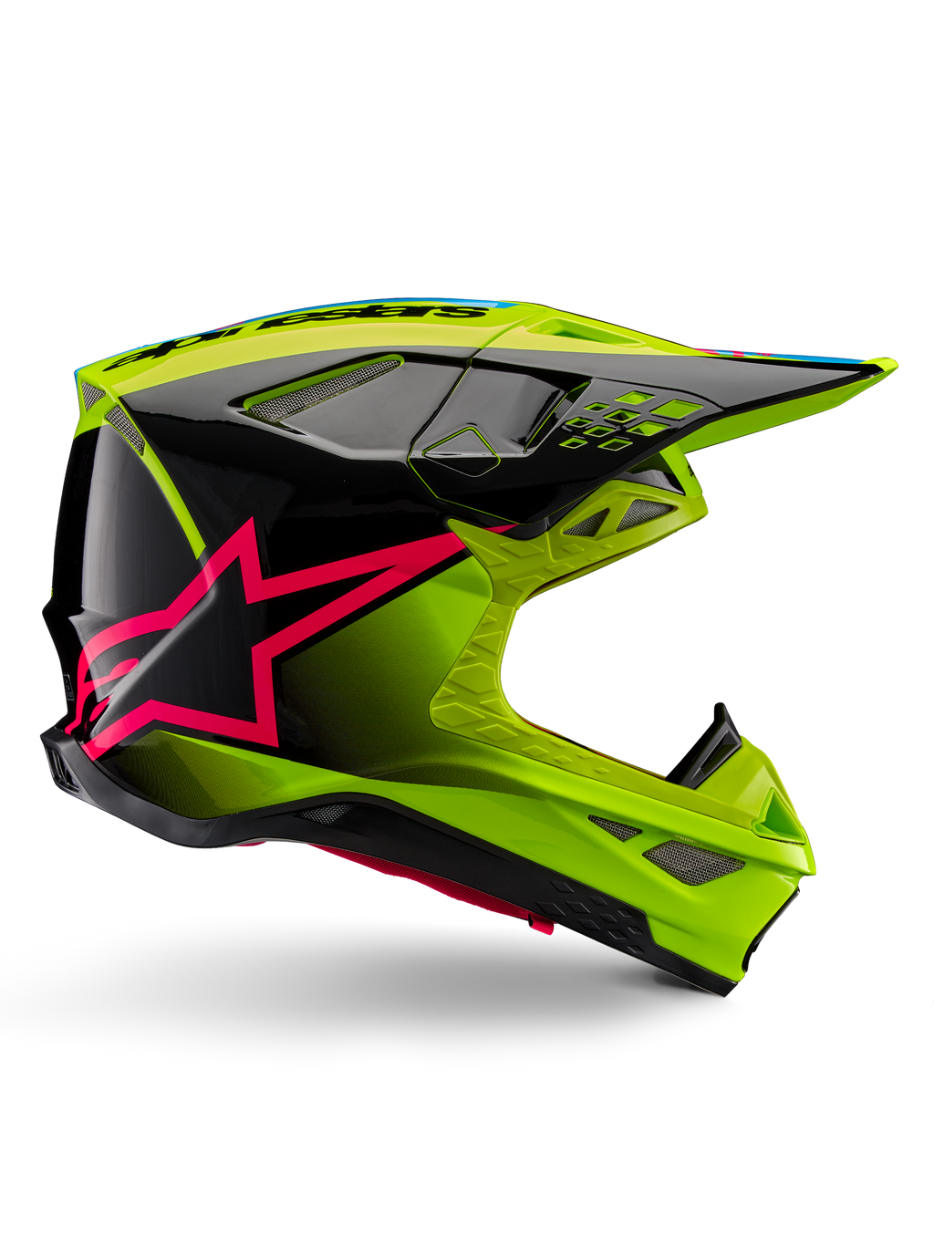 Kask Alpinestars Supertech M10 Unite, kask motocrossowy, żółty neonowy i czarny z grafiką różowych gwiazd Diva Pink, błyszczący aerodynamiczny design z licznymi otworami wentylacyjnymi, certyfikat ECE 22.06